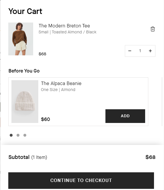 Everlane product suggestions carousel in cart