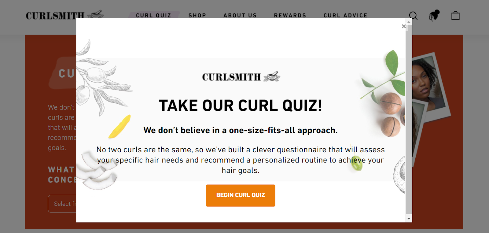 CurlSmith pop-up guiding users to a product quiz