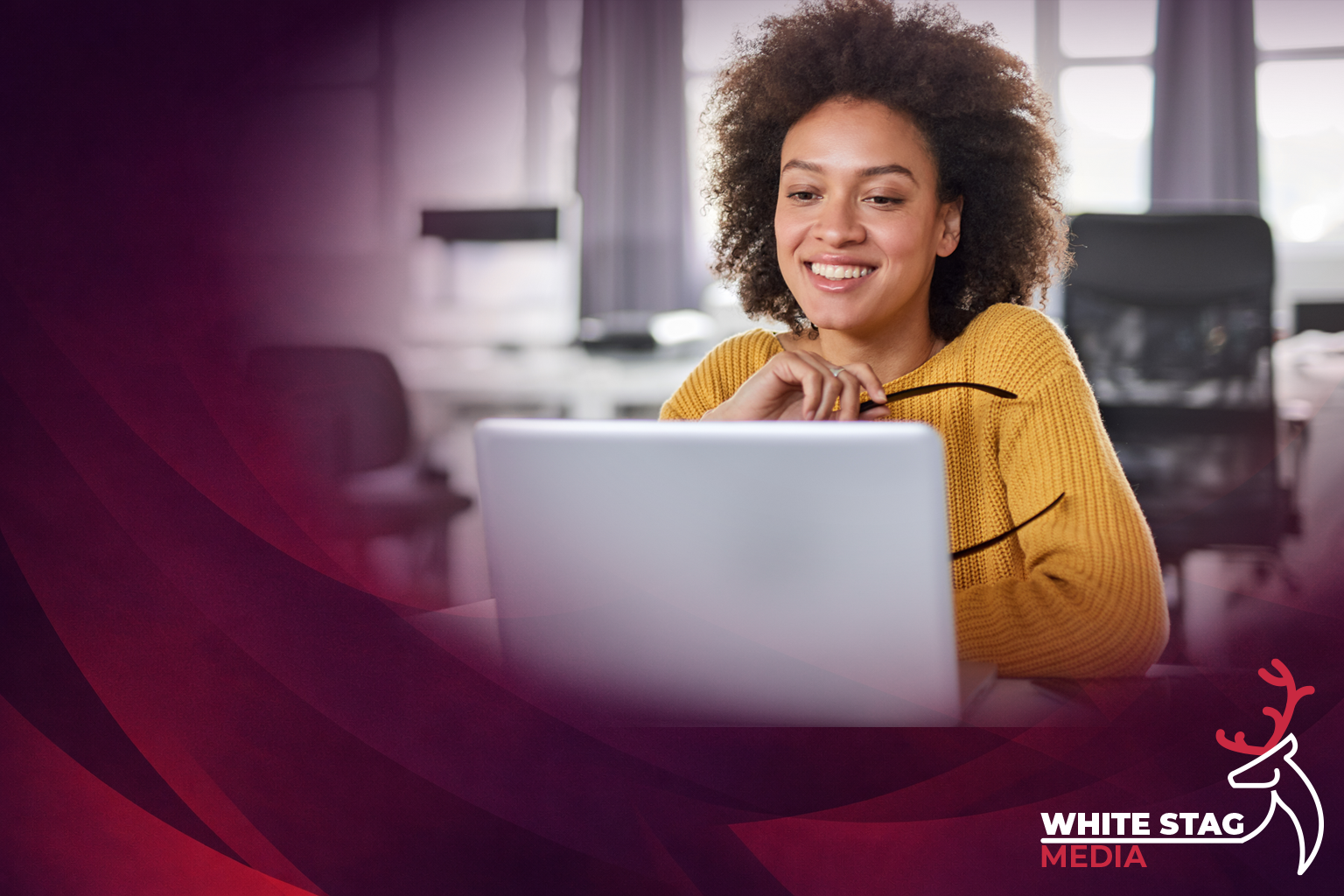 White Stag Media blog header showing laptop, interface elements and bold web design graphics