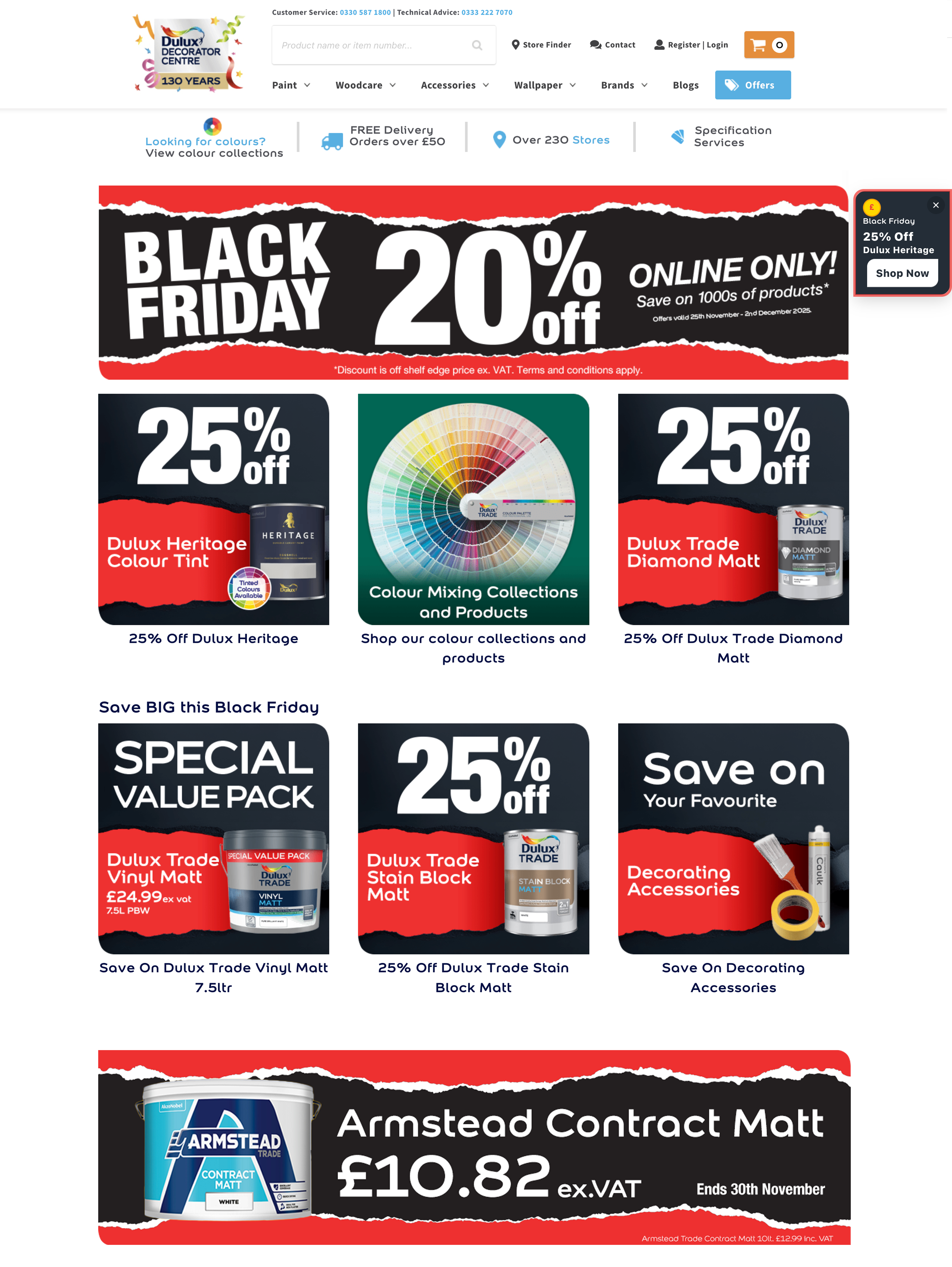 Black Friday sale banners offering 20% off online and 25% off various Dulux paint products including Heritage Colour Tint, Trade Diamond Matt, Trade Vinyl Matt 7.5L, Trade Stain Block Matt, and discounts on decorating accessories, plus Armstead Contract Matt priced at £10.82 excluding VAT.