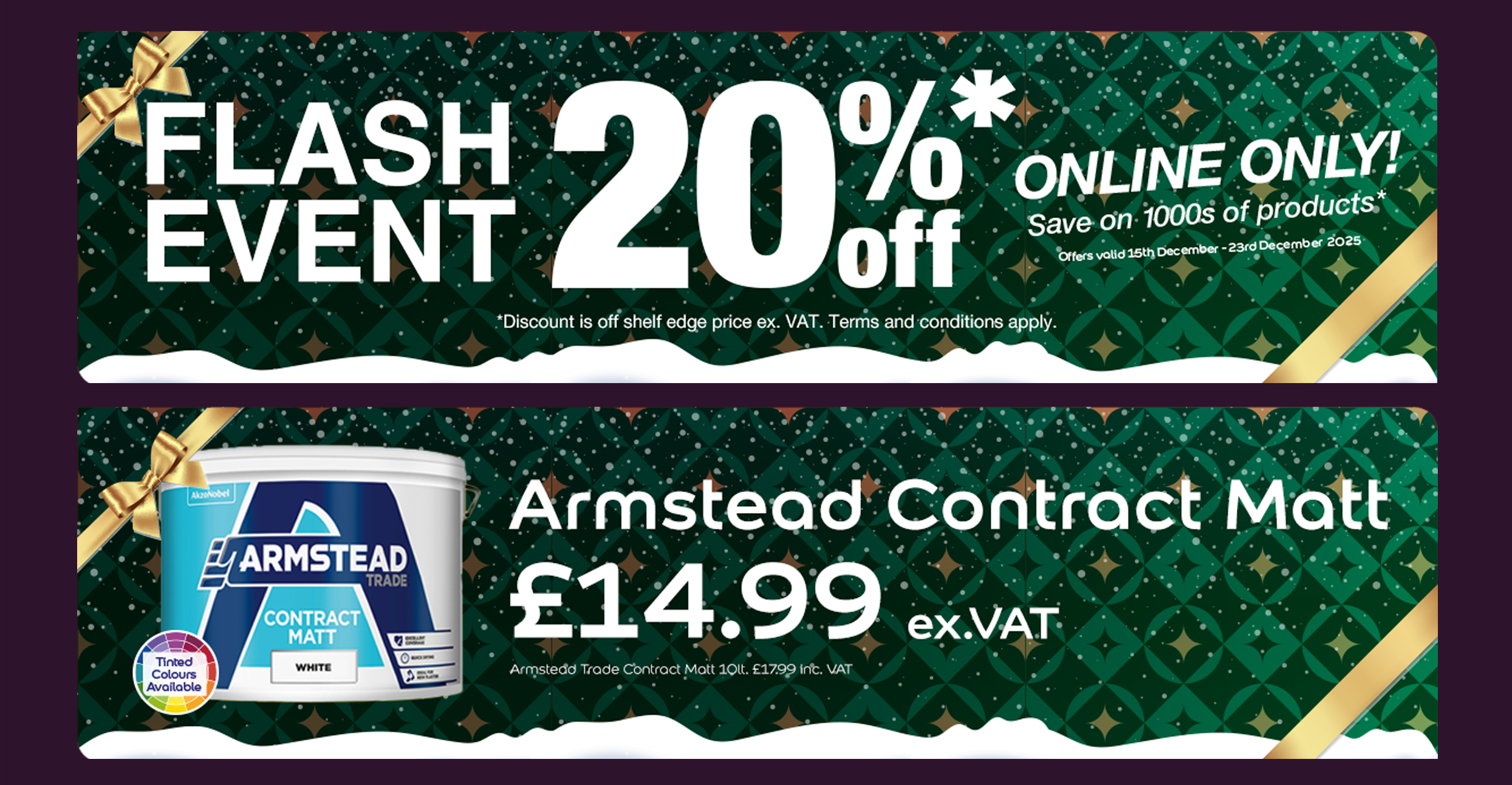 Six promotional tiles showing Black Friday paint discounts: 20% off online only, 20% off Zinsser products, 20% off Dulux and Armstead vinyl matt, 25% off Armstead quick dry gloss, Dulux Trade vinyl matt £24.99 ex VAT, and 25% off Dulux Trade quick dry satinwood.