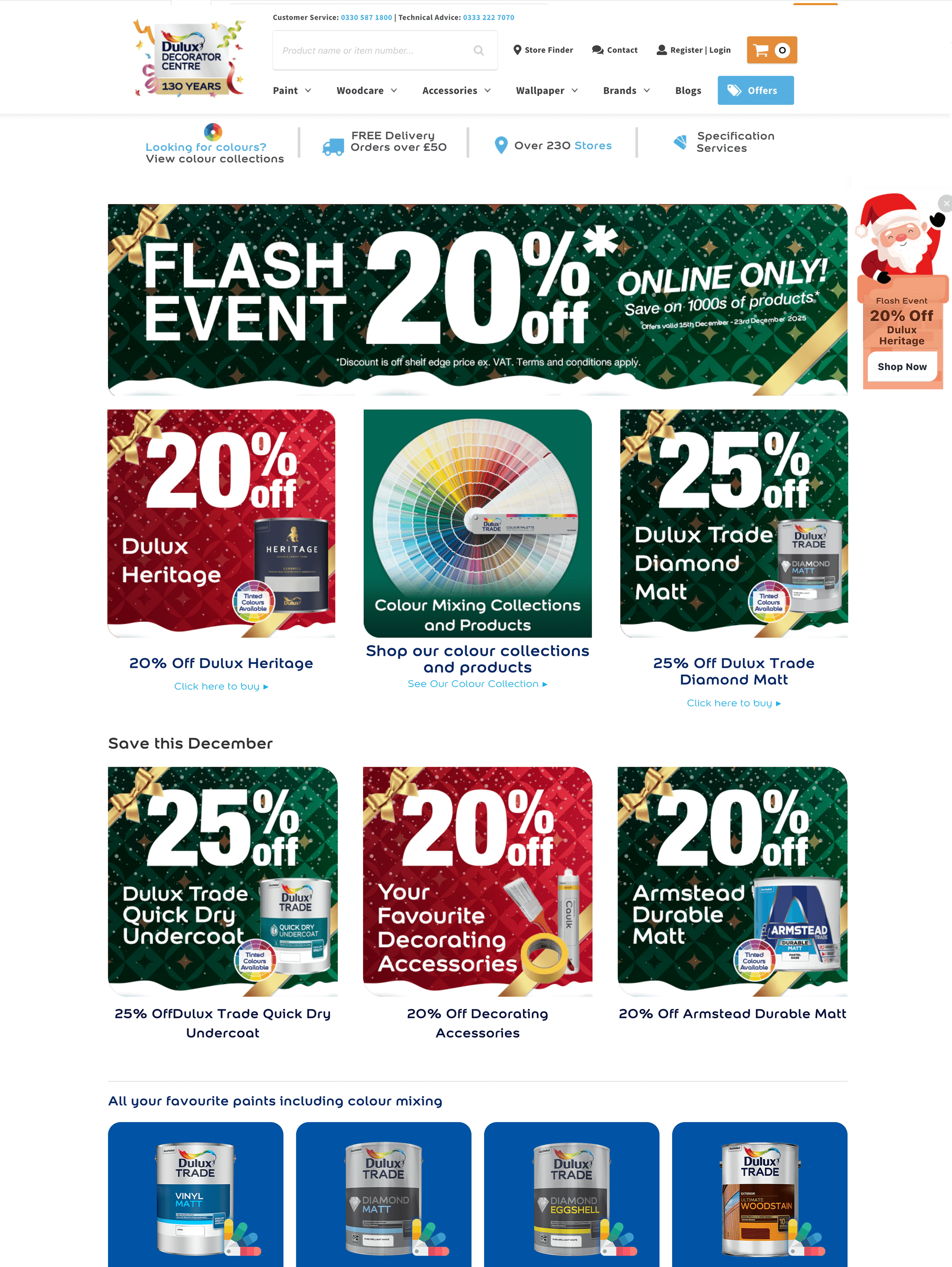 Black Friday sale banners offering 20% off online and 25% off various Dulux paint products including Heritage Colour Tint, Trade Diamond Matt, Trade Vinyl Matt 7.5L, Trade Stain Block Matt, and discounts on decorating accessories, plus Armstead Contract Matt priced at £10.82 excluding VAT.