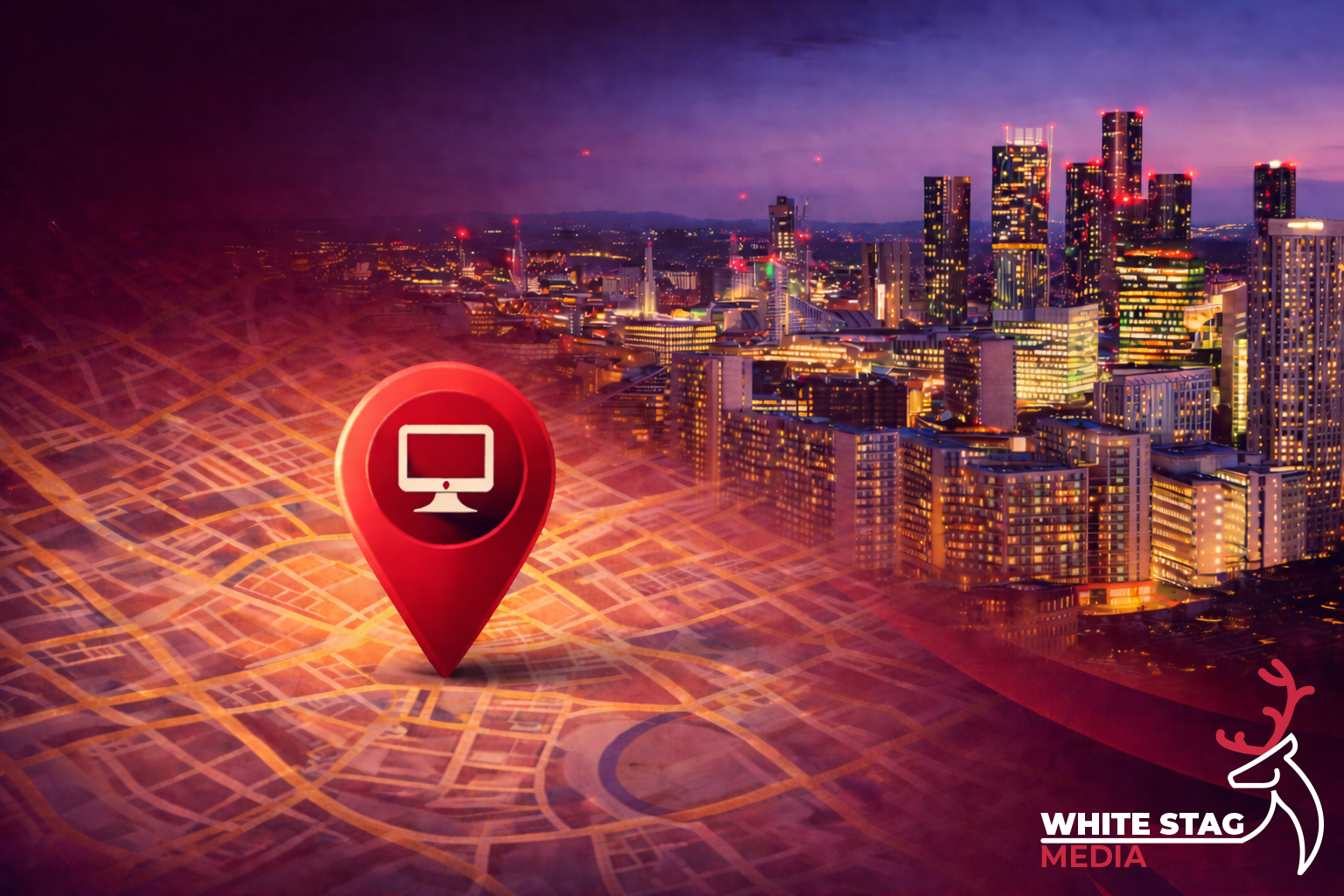 Illustration for local web designer in Manchester blog with map pin and laptop