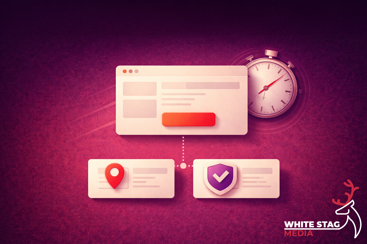 White Stag Media blog header showing laptop, interface elements and bold web design graphics