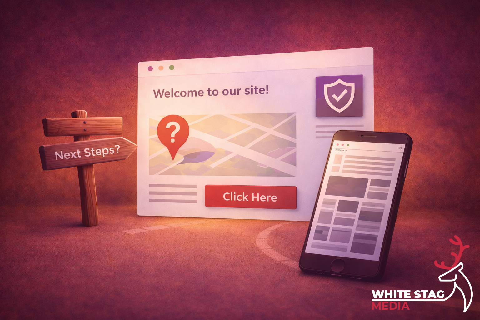 Illustration showing common service website landing page mistakes, including unclear messaging, poor next steps, and weak mobile usability.