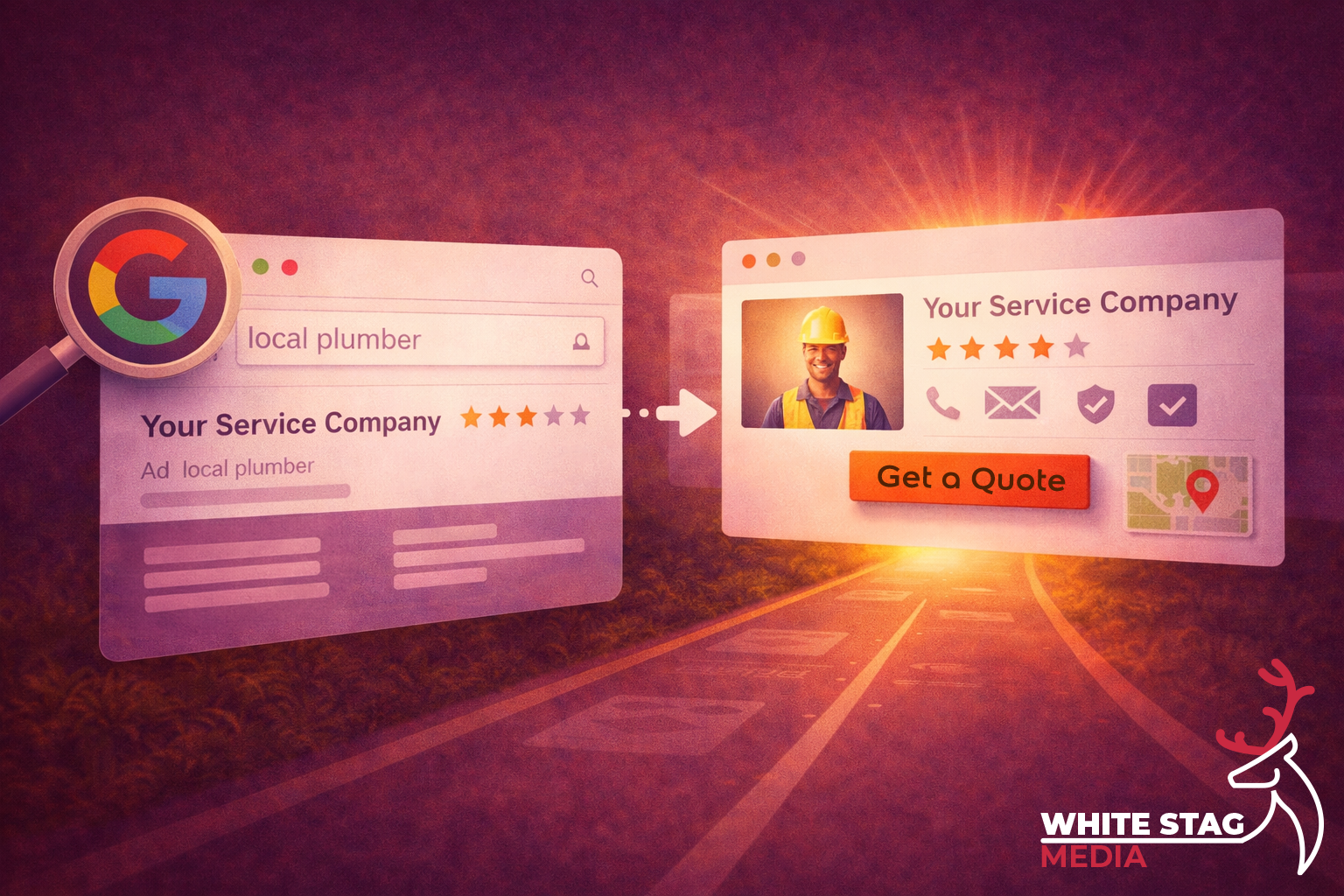 White Stag Media blog header showing laptop, interface elements click journey