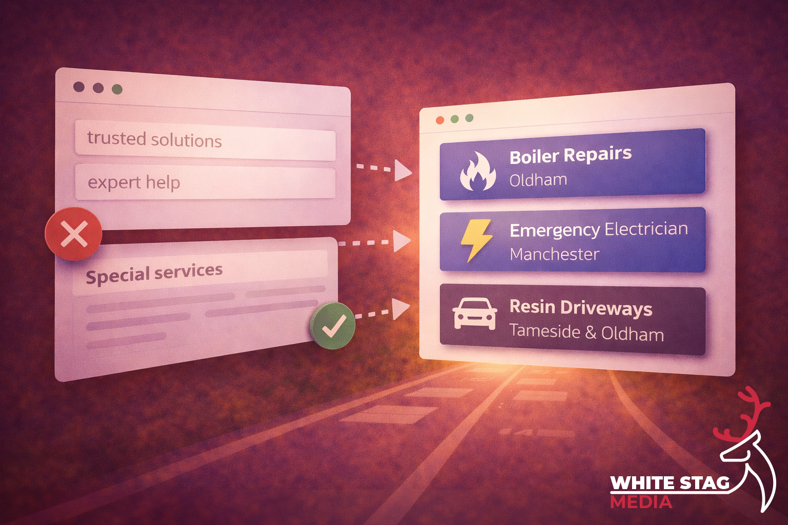 Illustration comparing vague service website copy with clear service and location wording for local landing pages.