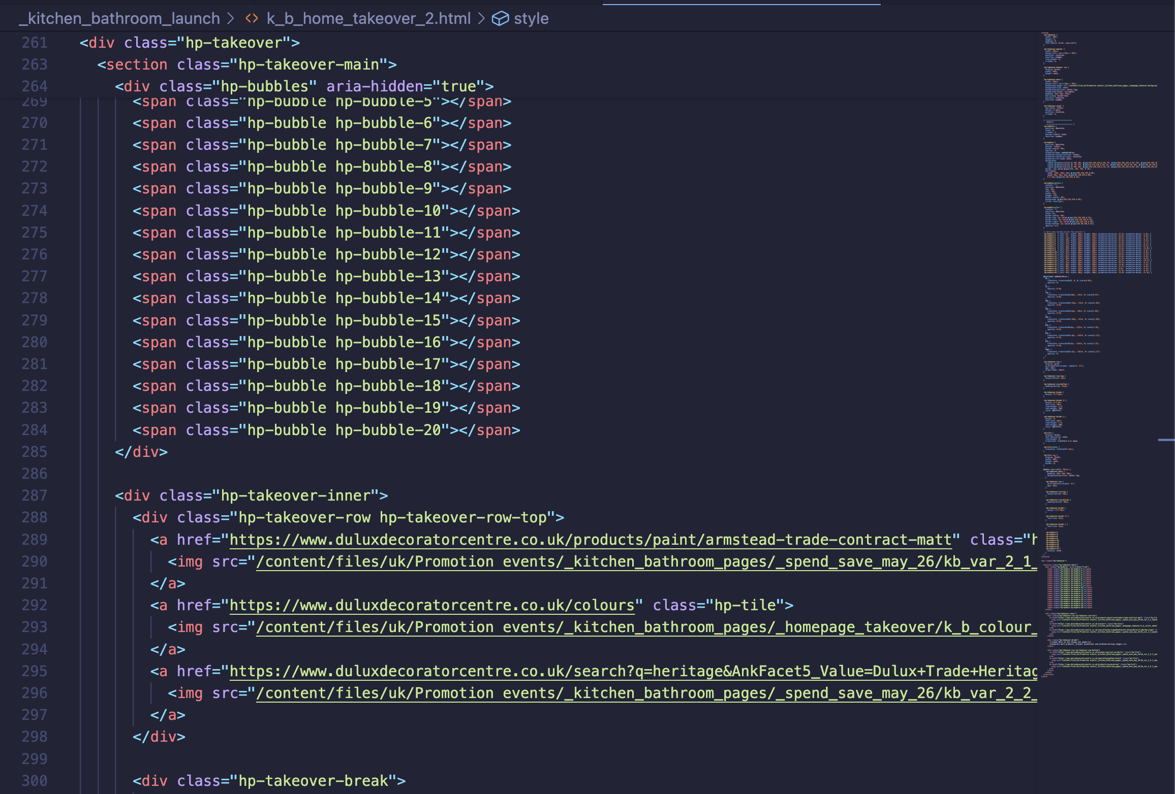 Kitchen & Bathroom landing page alongside front-end code used to build the responsive Dulux Decorator Centre experience