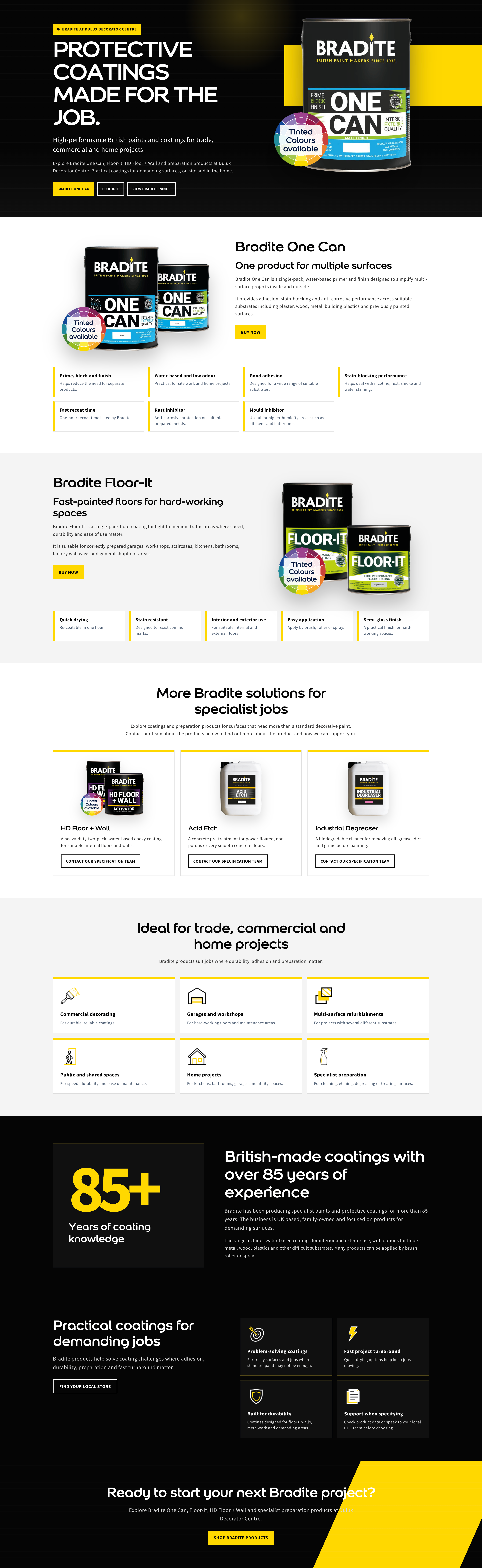 Completed responsive Bradite brand page showing the full product-led website experience from hero to brand information.