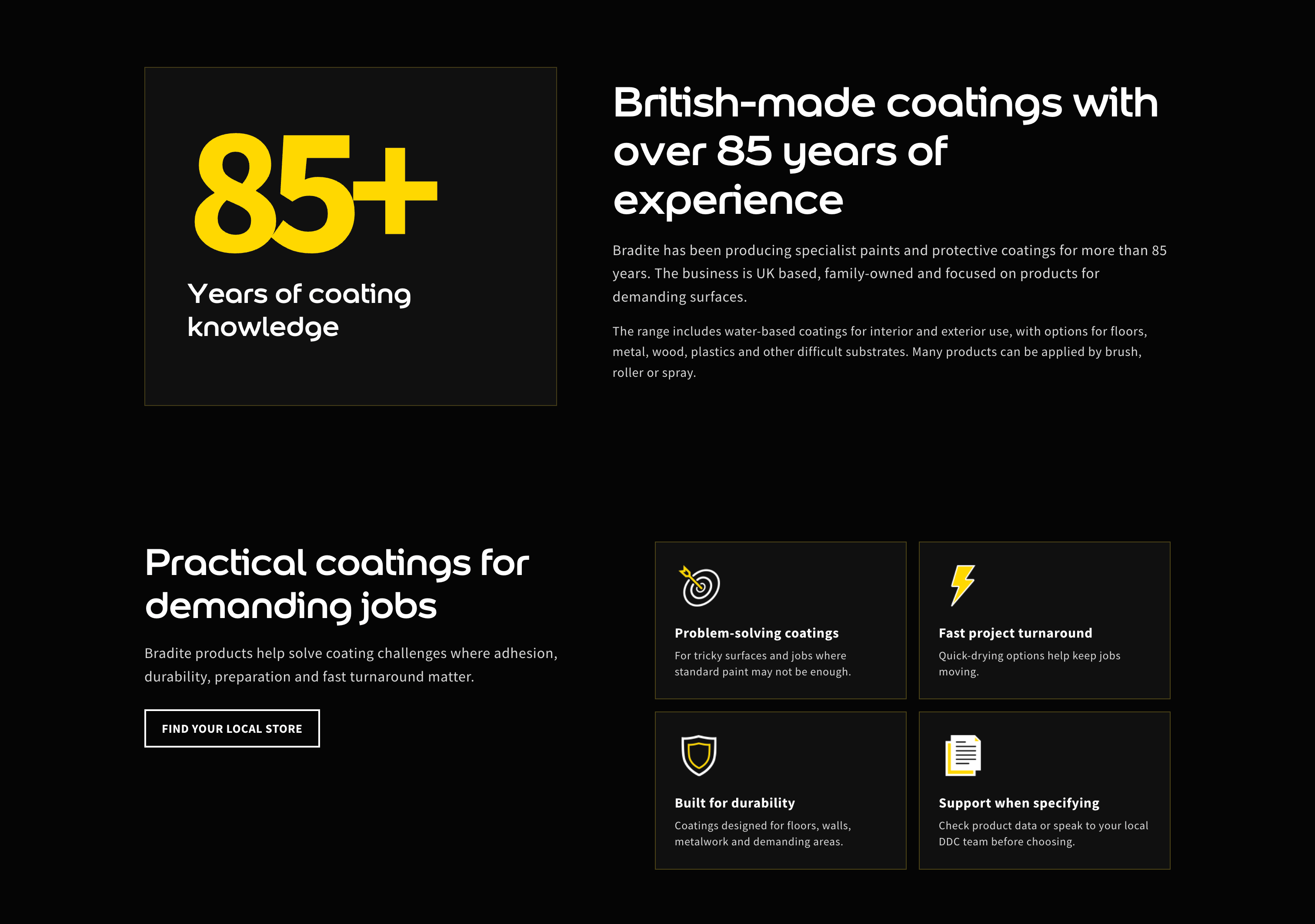 Bradite brand heritage section highlighting more than 85 years of specialist coatings experience.