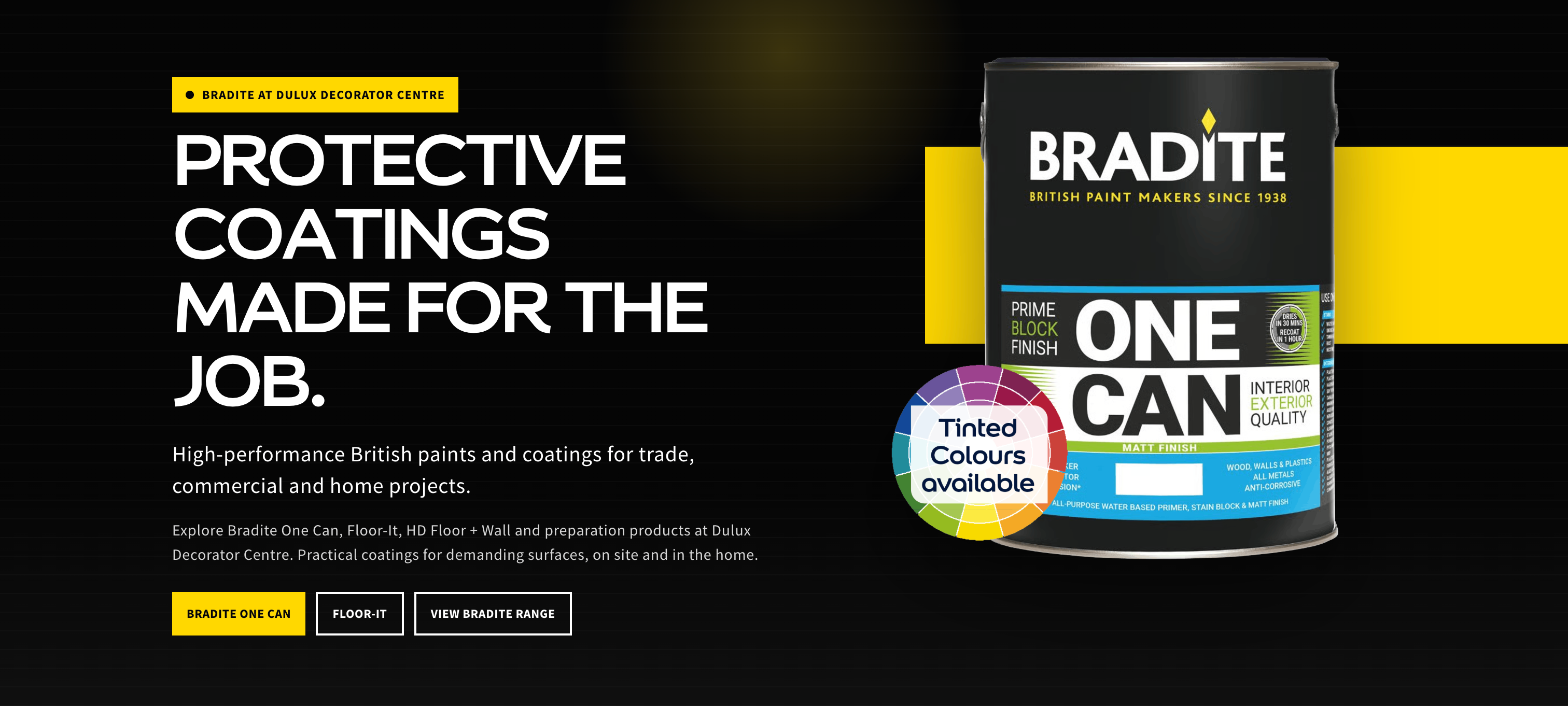 Bradite One Can brand page hero featuring the Protective Coatings Made for the Job campaign design.