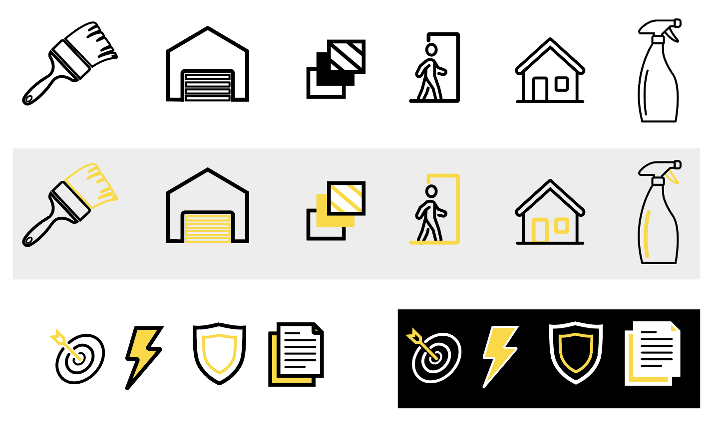 Bespoke Bradite icon set designed for coating applications, shown in monochrome and brand colour variants.