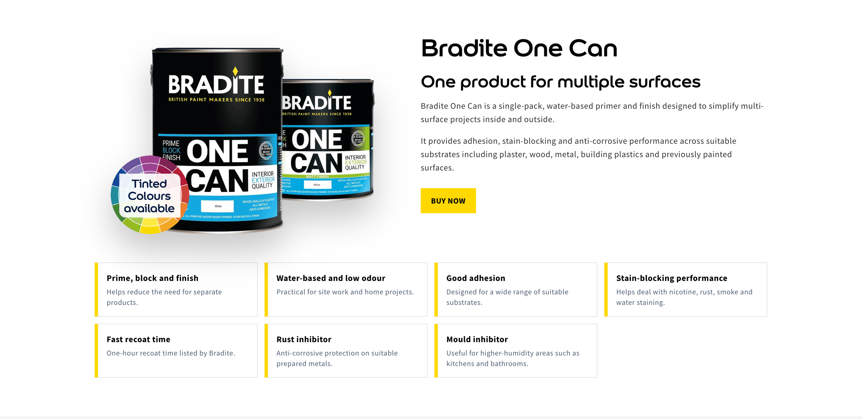 Bradite One Can product section showing product benefits, applications and supporting information.