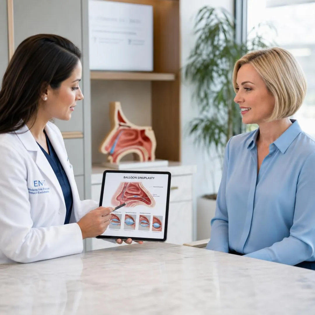 Doctor explaining balloon sinuplasty with an illustrated diagram to a smiling woman in a light blue shirt.