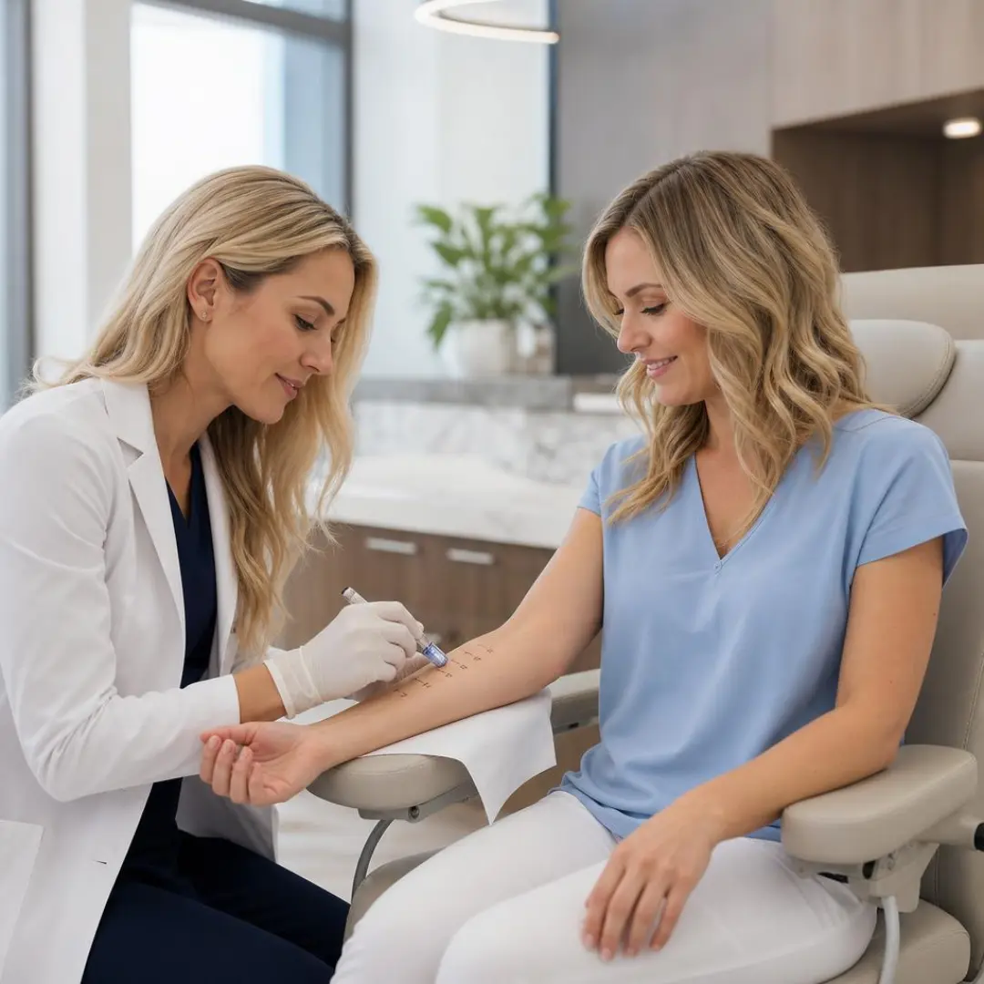 Healthcare professional performing allergy skin test by marking a patient's forearm in a clinic.
