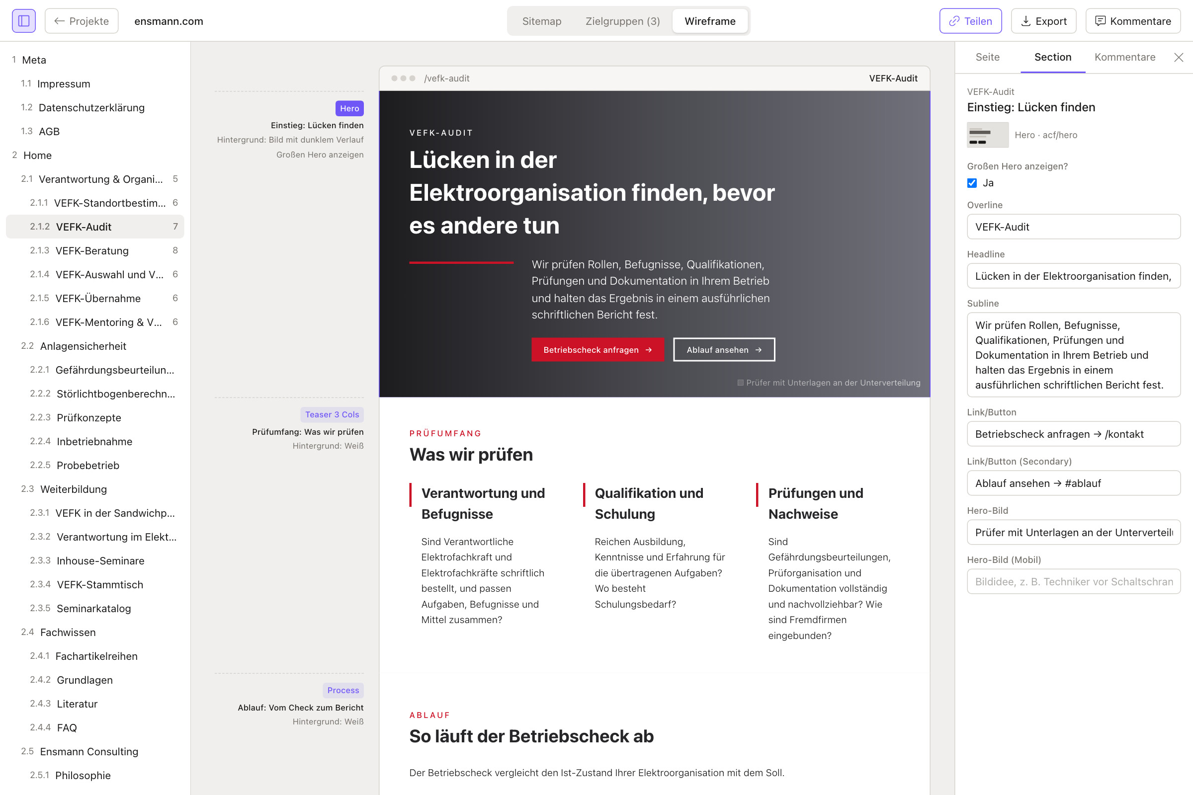 Wireframe aus WordPress-Blöcken mit den ACF-Feldern einer Section