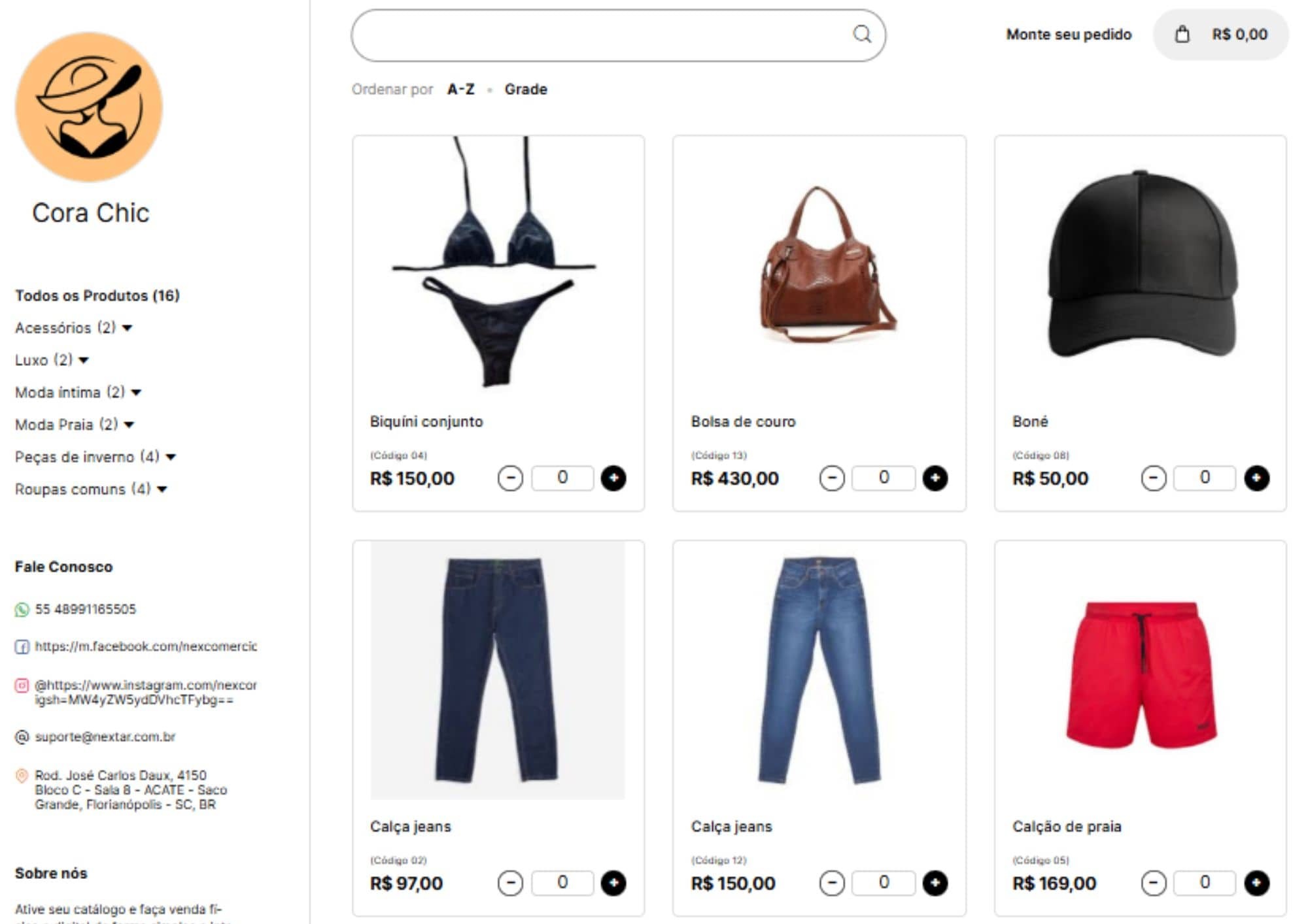 Tela de catálogo do Nex com itens com nome e preço. Na lateral esquerda, há uma lista clicável de categorias e informações de contato da loja.