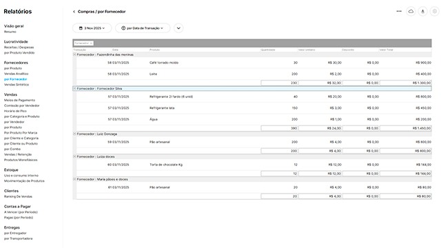 Tela de relatório de compras por fornecedor do sistema Nex