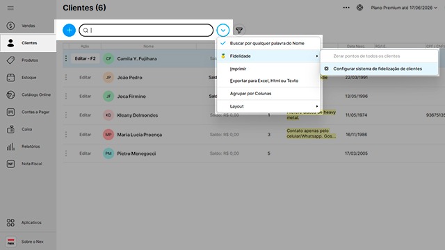 Tela de clientes do sistema Nex, com opções de fidelidade em destaque