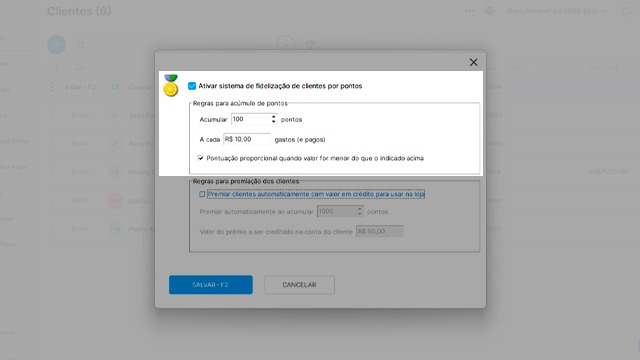 Tela de ativação do sistema de fidelização de clientes por pontos do sistema Nex, com configuração de regras para acúmulos de pontos em destaque