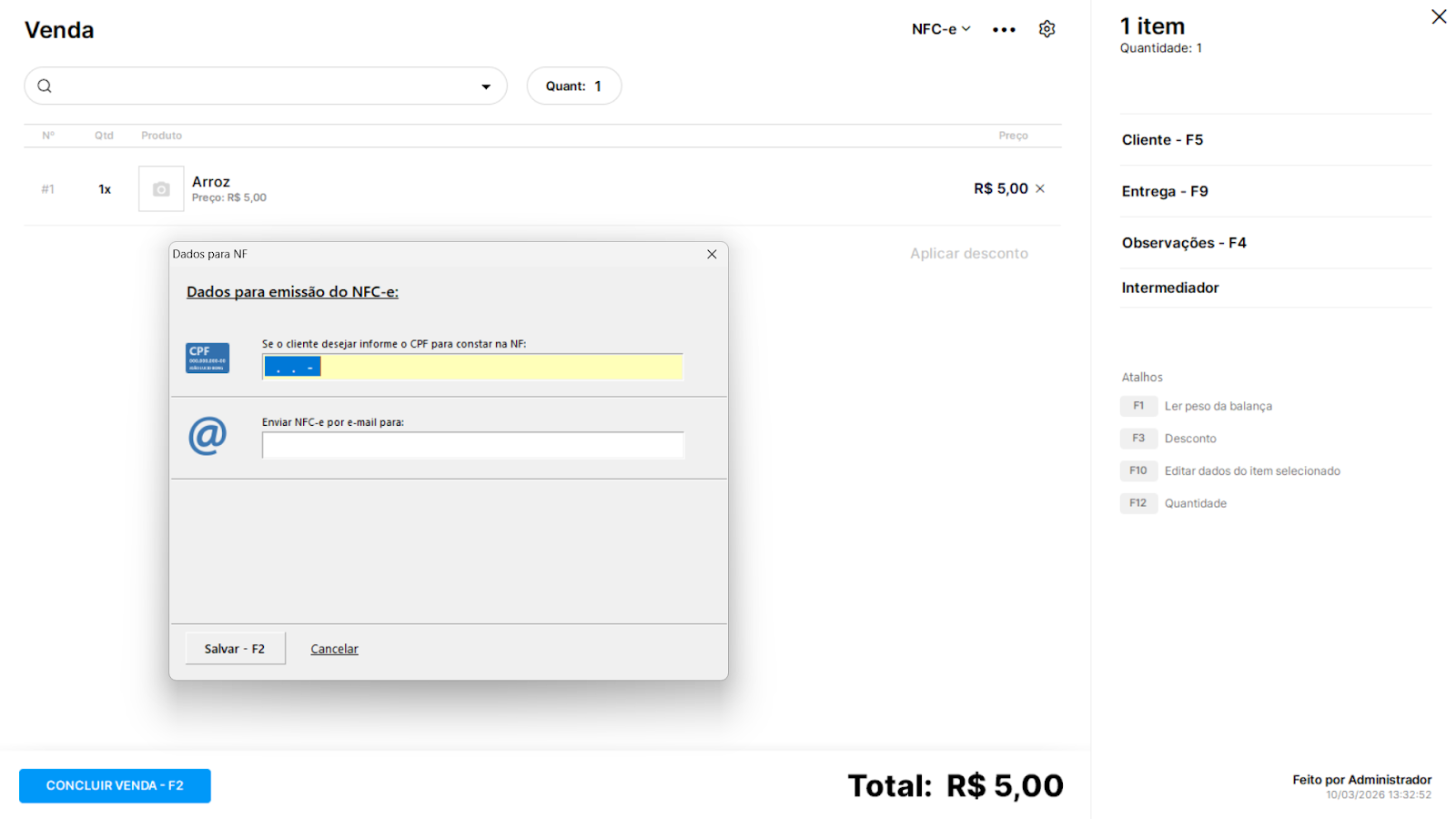 Tela de vendas do sistema Nex, com janela de dados para emissão de cupom fiscal aberta
