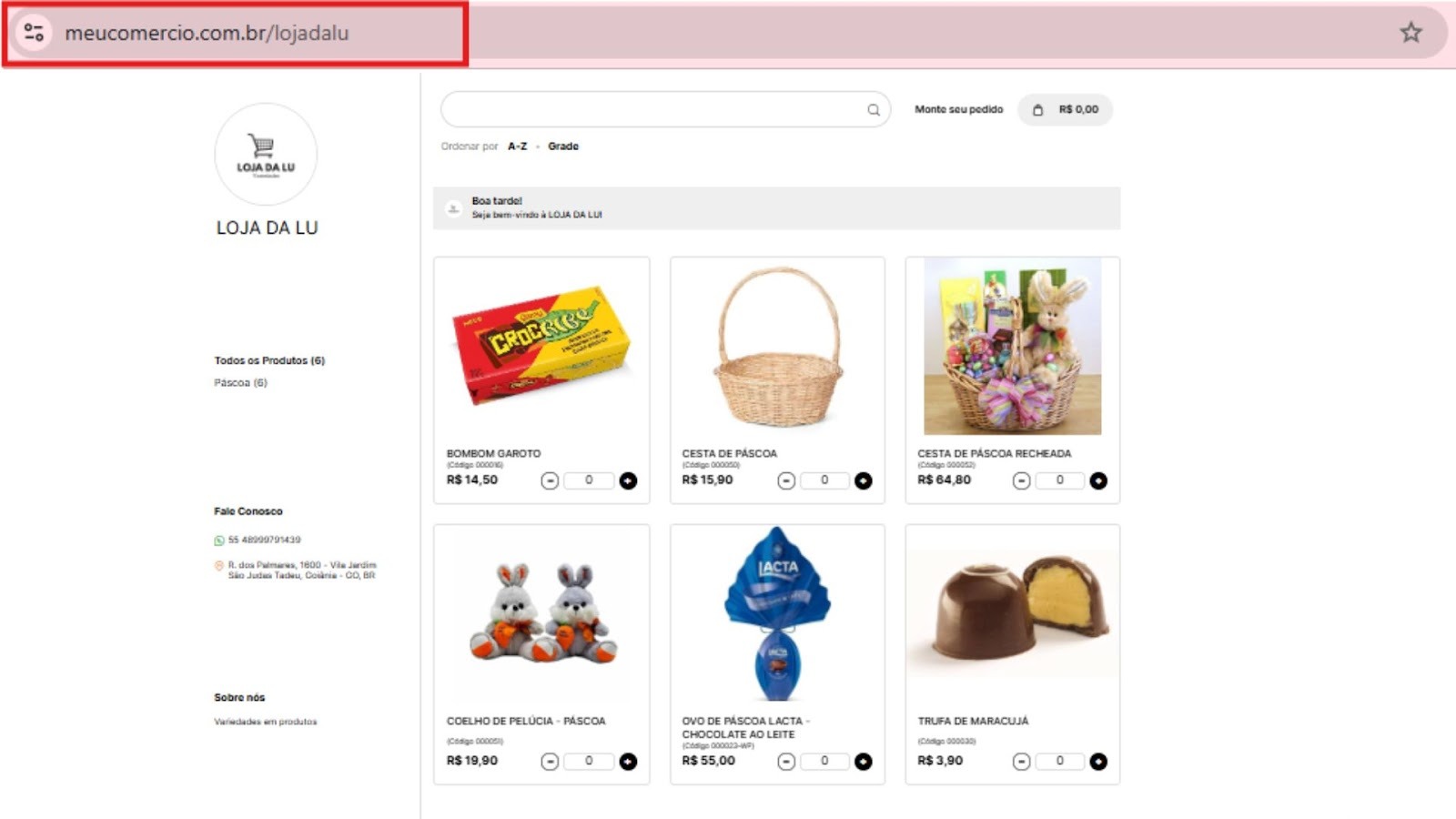 Catálogo online com uma grade de seis produtos de Páscoa e preços. É dado destaque para o link (URL).