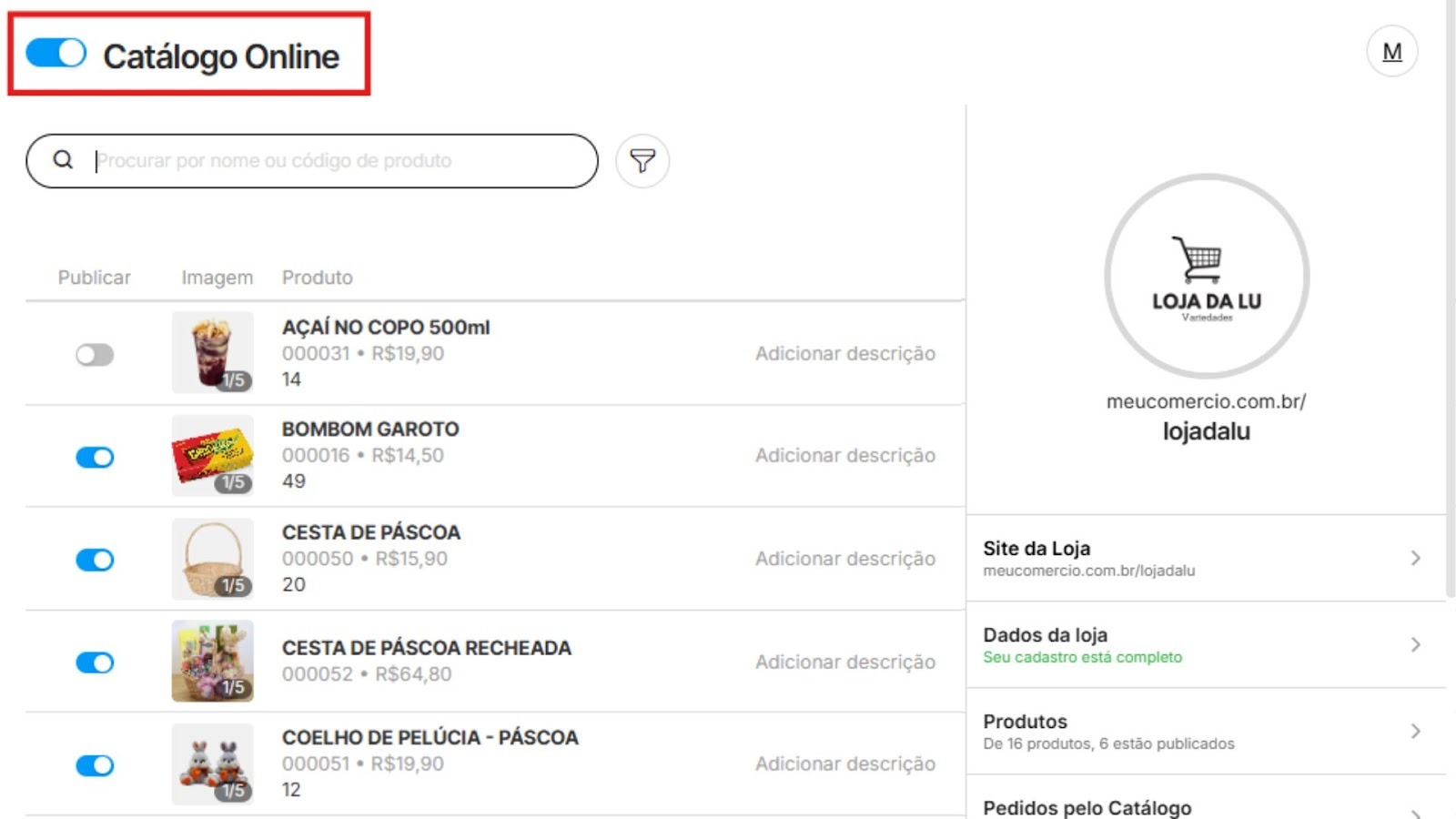 Tela do sistema Nex com o Catálogo Online ativado, exibindo uma lista de produtos e um painel lateral com informações da Loja da Lu.
