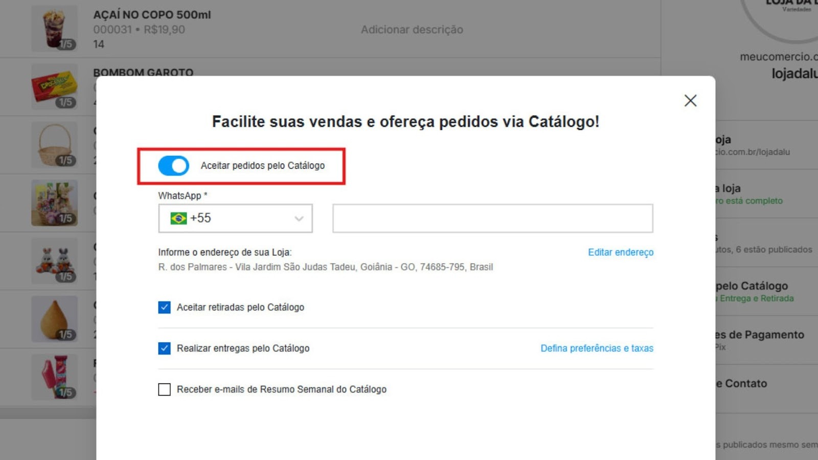 Tela do sistema Nex exibindo configurações do Catálogo com a opção "Aceitar pedidos pelo Catálogo" ativada e em destaque.