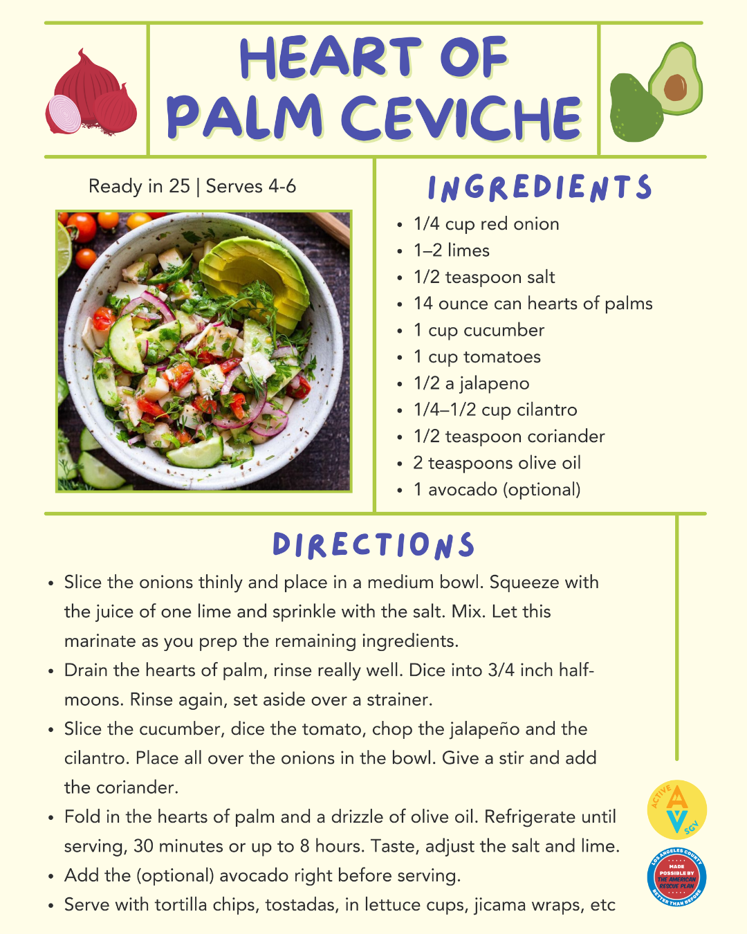 heart of palm ceviche recipe card.