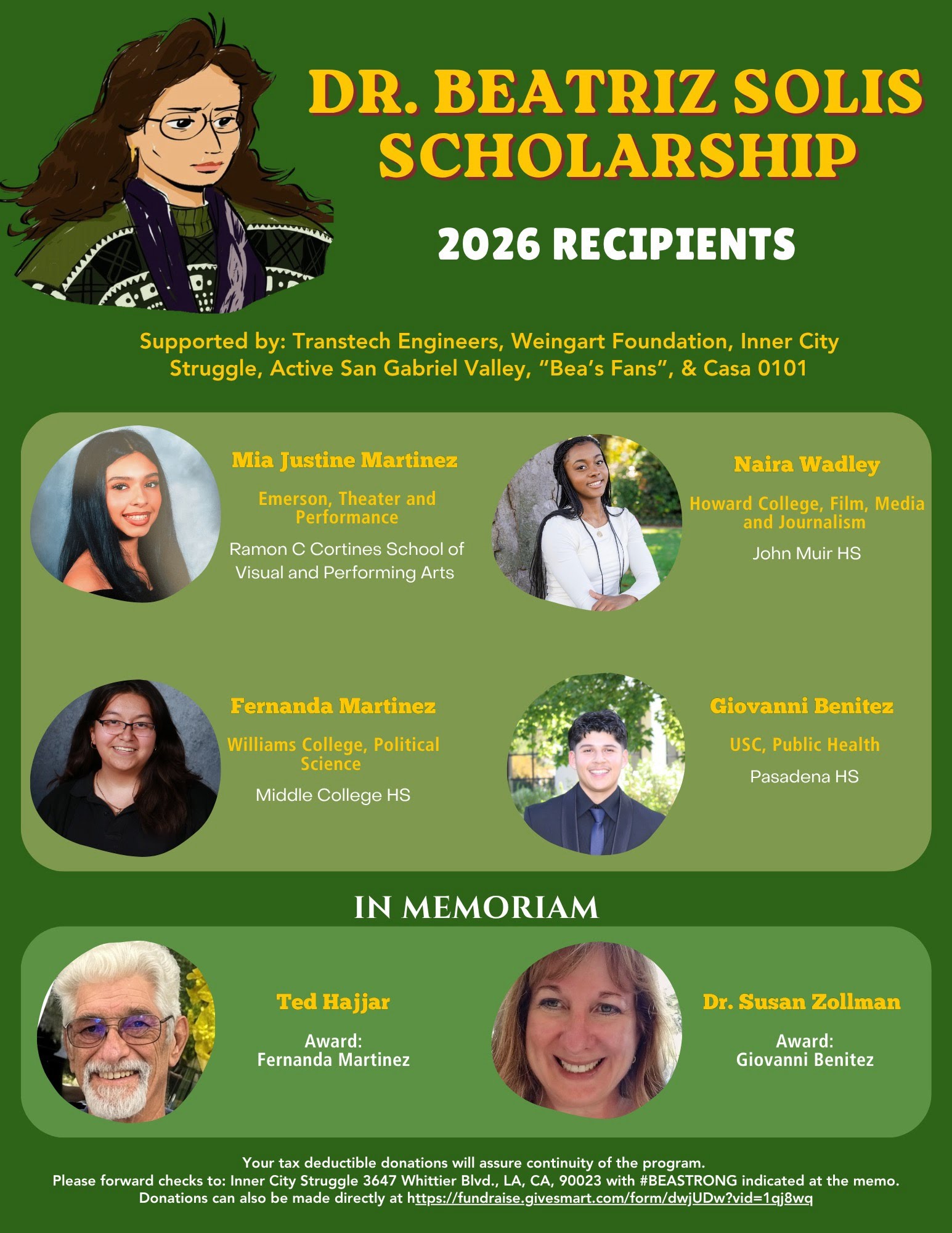 2026 Dr. Beatriz Solis Scholarship recipients flyer featuring Mia Justine Martinez, Naira Wadley, Fernanda Martinez, and Giovanni Benitez, with an In Memoriam section honoring Ted Hajjar and Dr. Susan Zollman.
