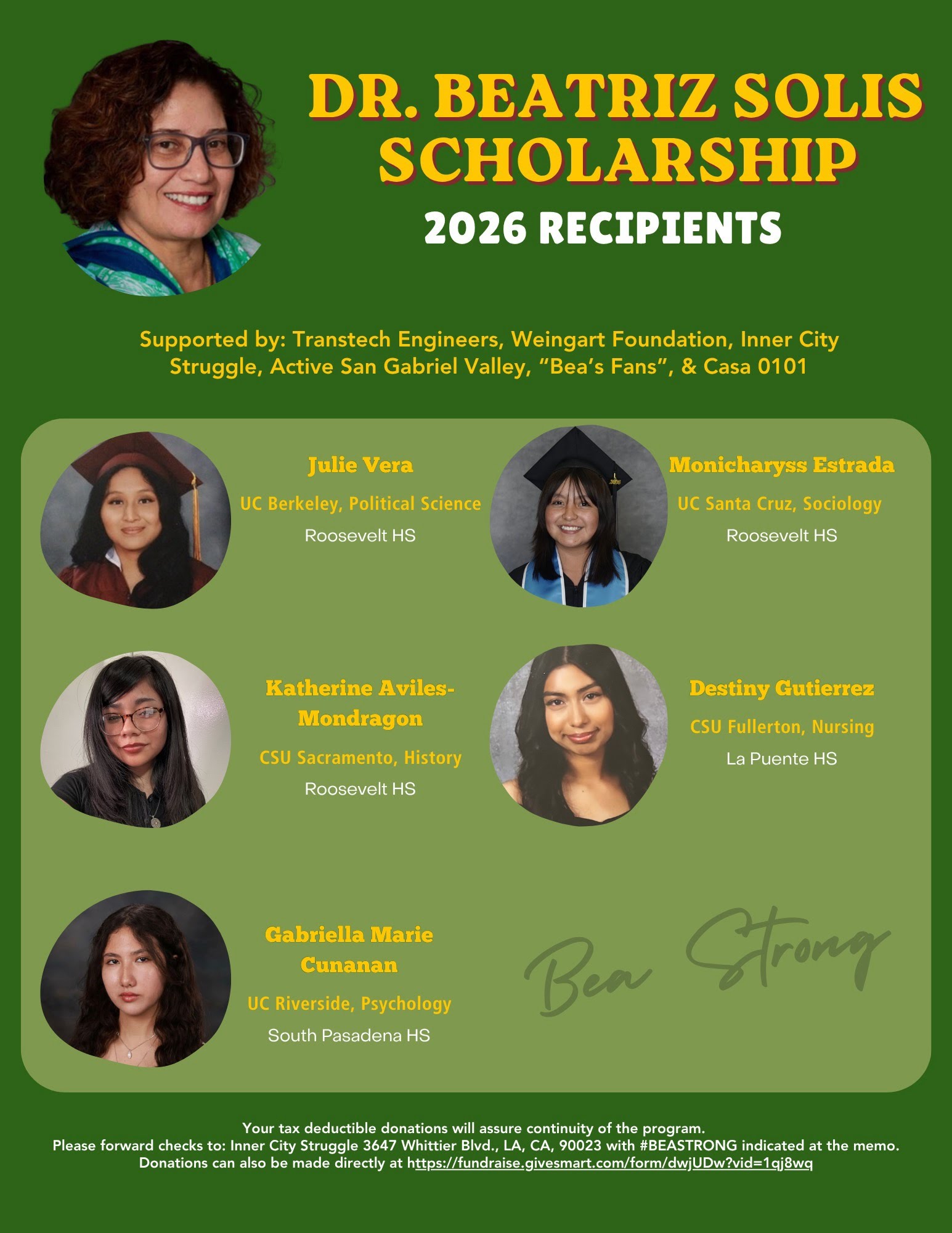 2026 Dr. Beatriz Solis Scholarship recipients flyer featuring Julie Vera, Monicharyss Estrada, Katherine Aviles-Mondragon, Destiny Gutierrez, and Gabriella Marie Cunanan.
