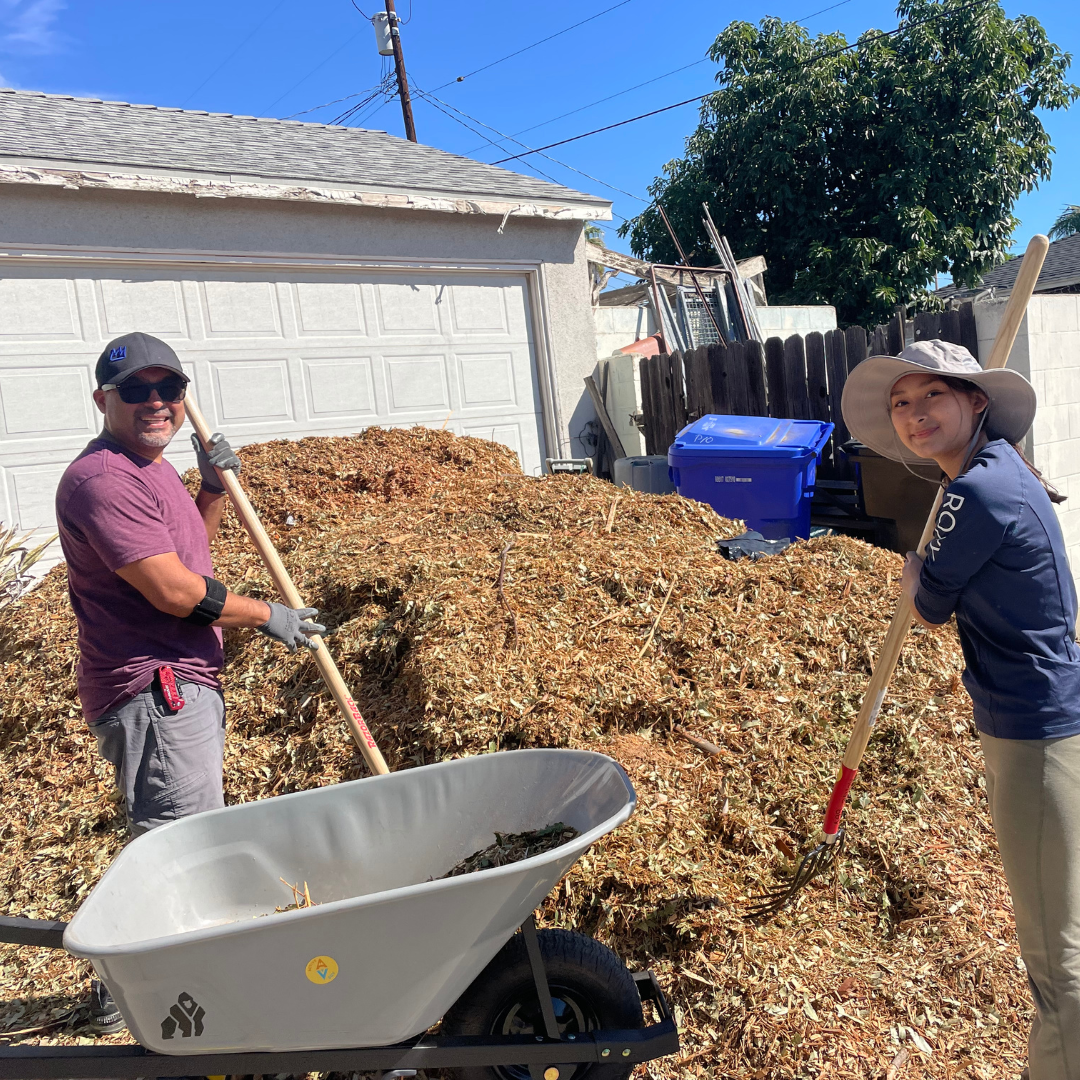 Volunteers load mulch into a wheelbarrow during a community rain garden installation.