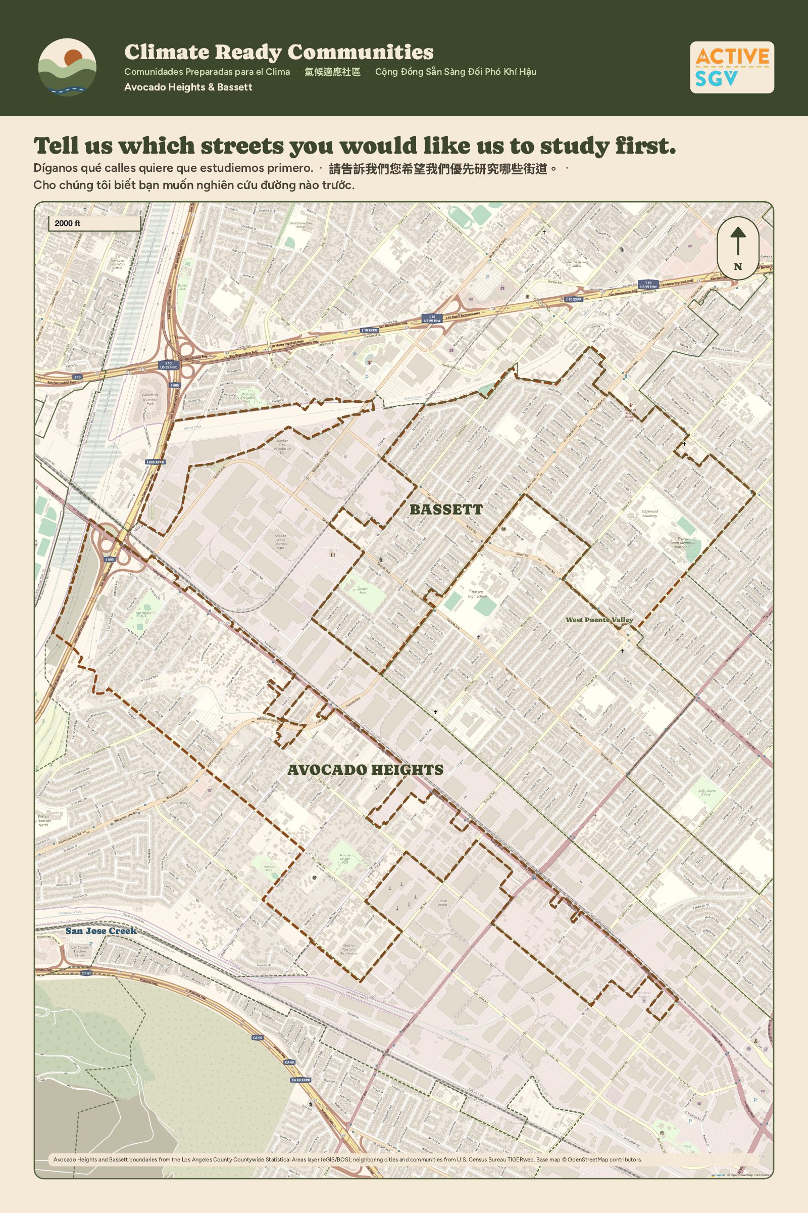 Map of Avocado Heights and Bassett showing the boundaries of both communities, nearby freeways, and San Jose Creek.