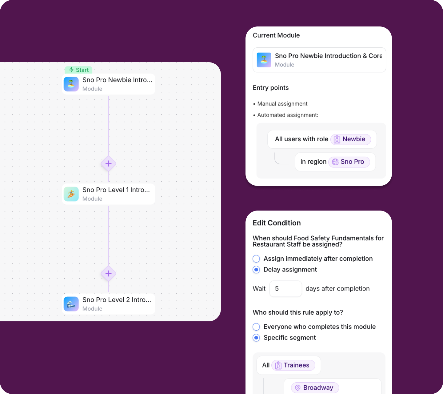 Opus training automation workflow showing module sequencing and assignment rules.