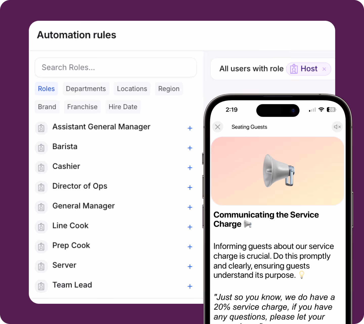 Opus role-based automation rules assigning training to specific restaurant roles, shown with a mobile lesson preview.