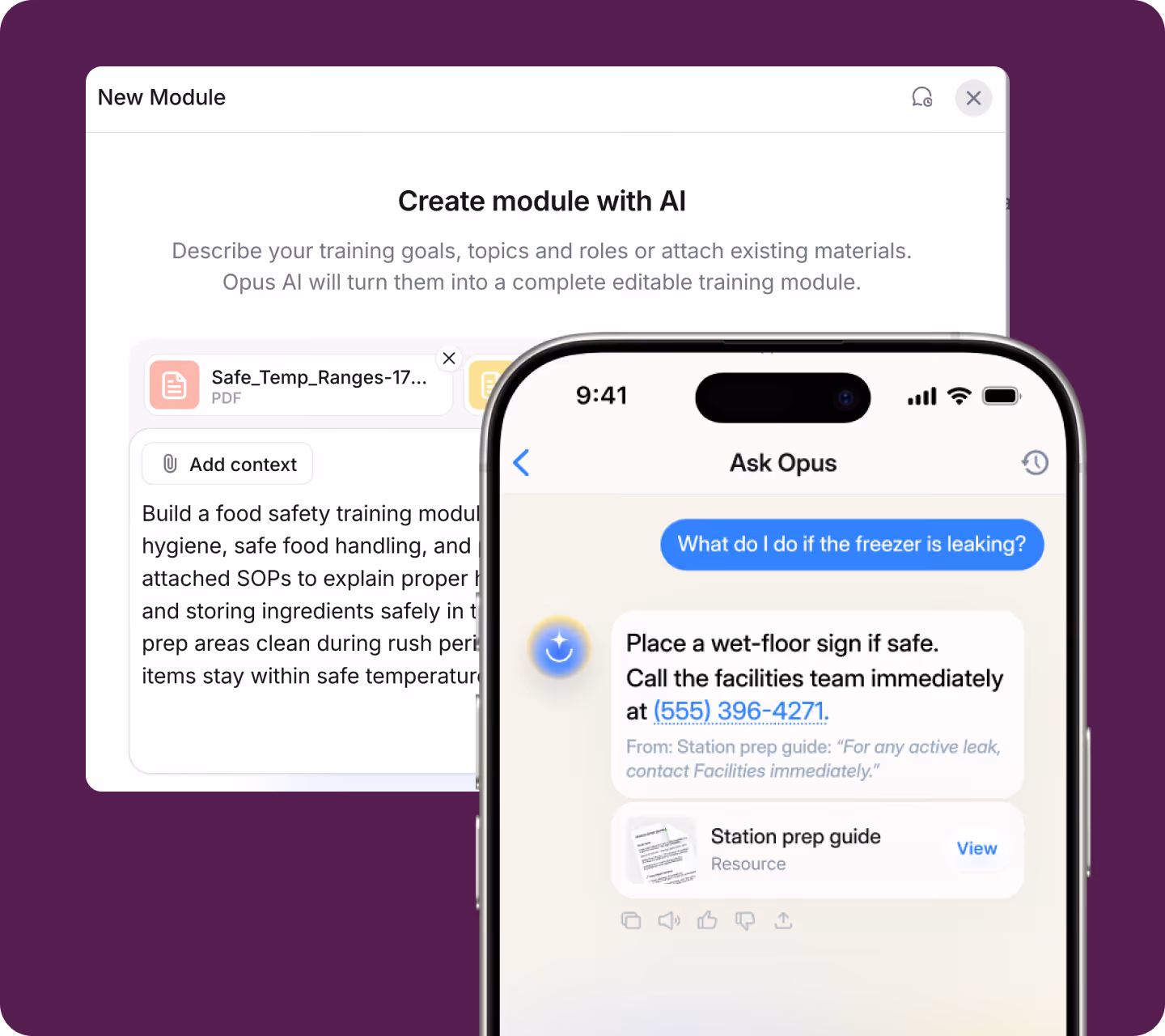 Opus AI creating a training module from uploaded materials, with mobile AI guidance answering workplace questions.