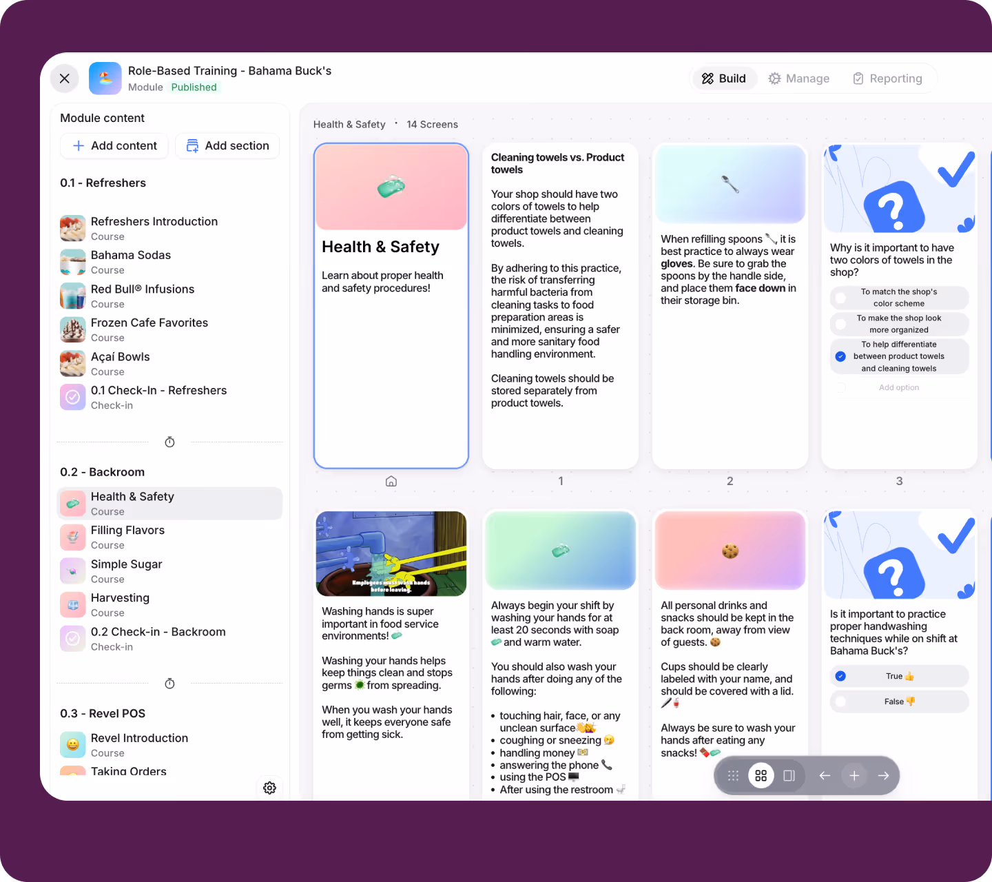 Opus module editor displaying Bahama Buck’s role-based training with courses, check-ins, and interactive lesson cards.
