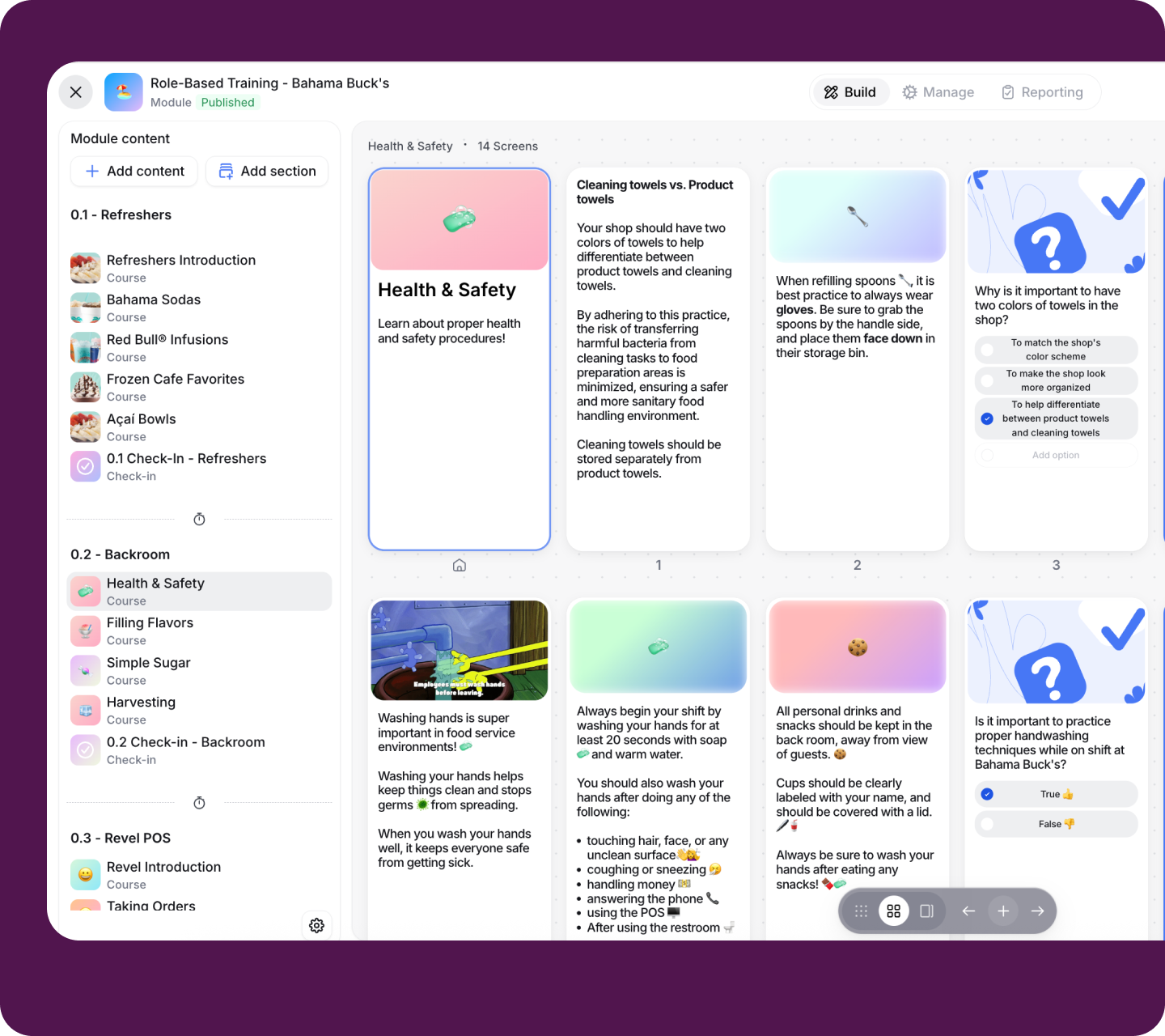 Opus module editor displaying Bahama Buck’s role-based training with courses, check-ins, and interactive lesson cards.