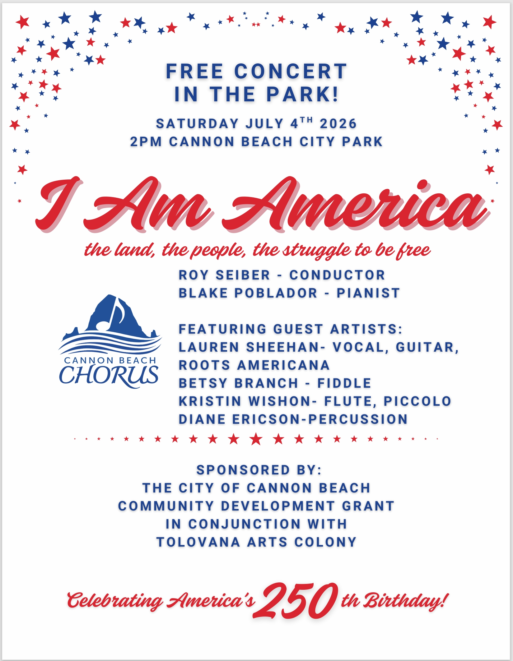 Cannon Beach Chorus free Fourth of July concert flyer — “I Am America,” Saturday, July 4, 2026, at Cannon Beach City Park.
