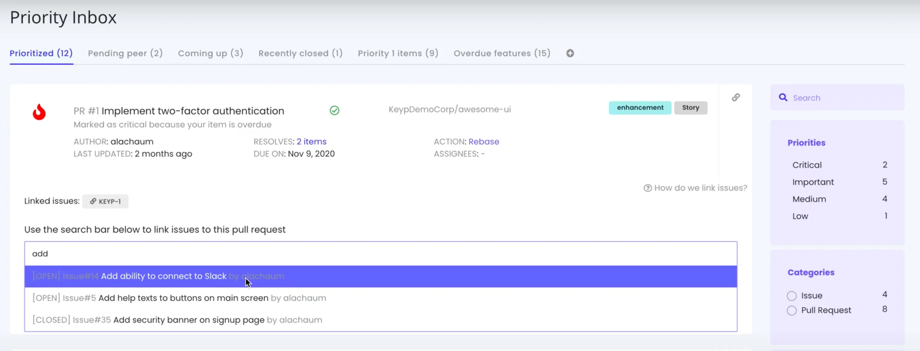 Pull Request linked to Issues in Keypup 1.0