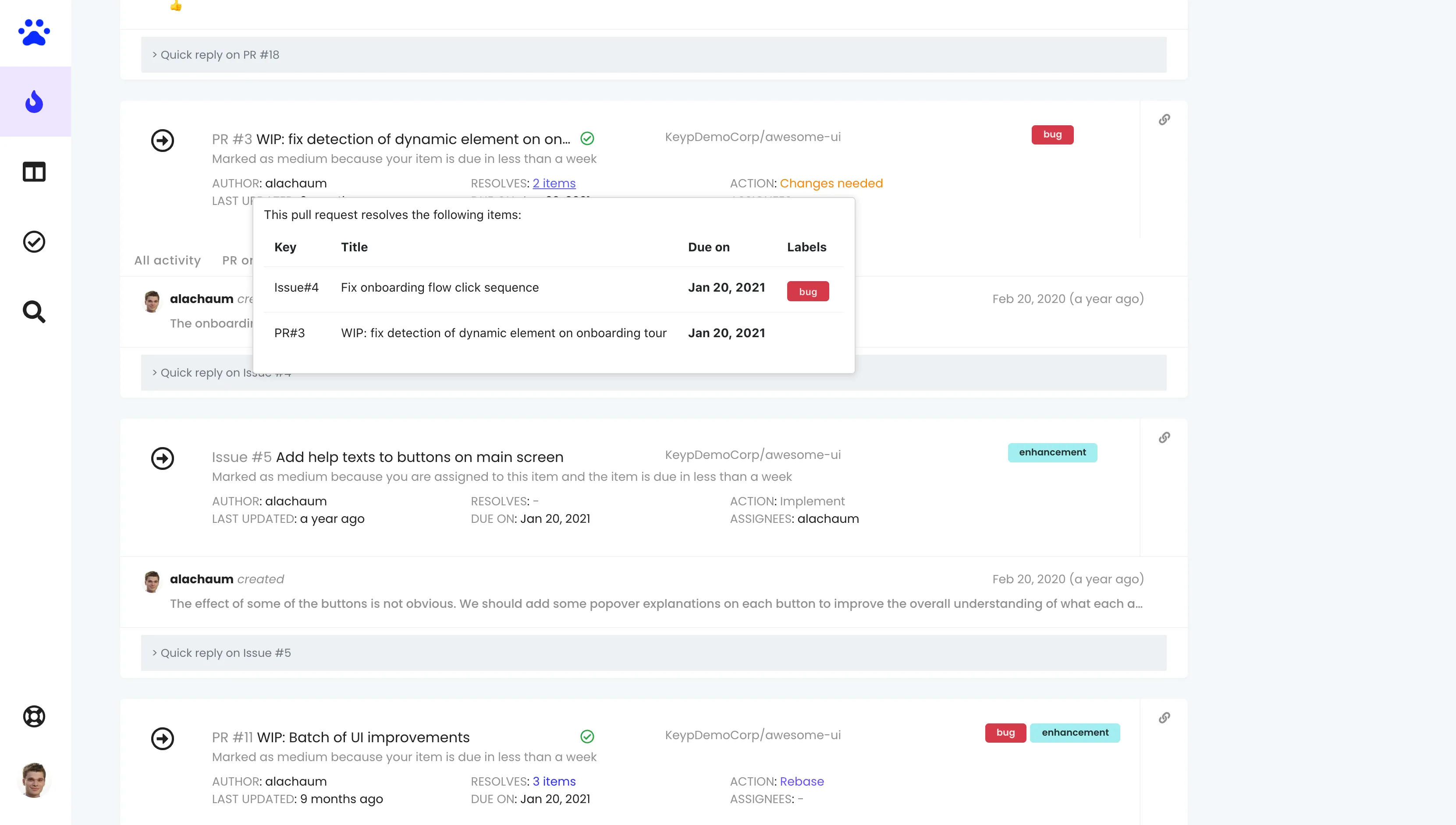 Issues, discussions and pull requests linked in Keypup 1.0