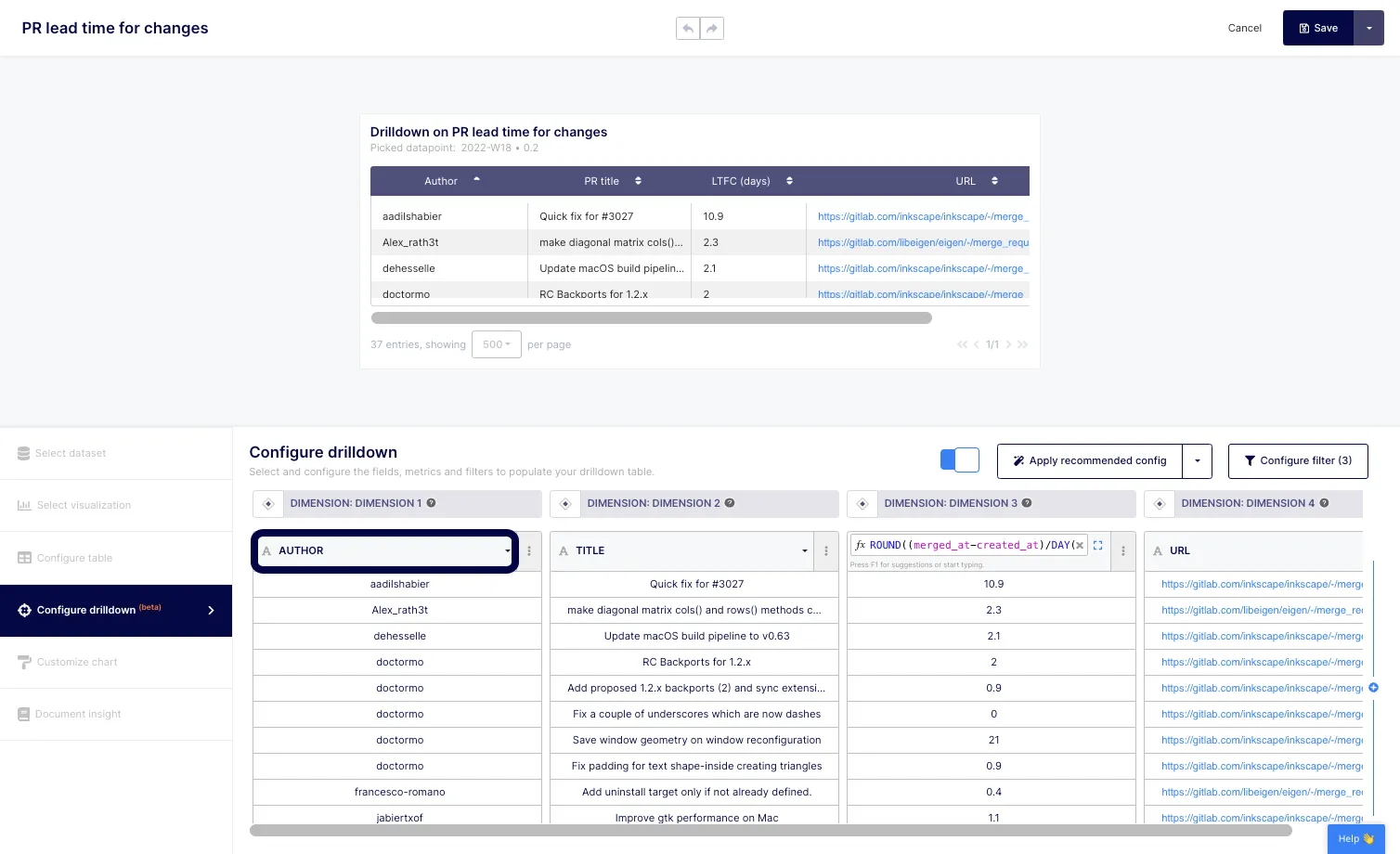 To modify a dimension, click on the drop-down menu of the selected field, here "AUTHOR".