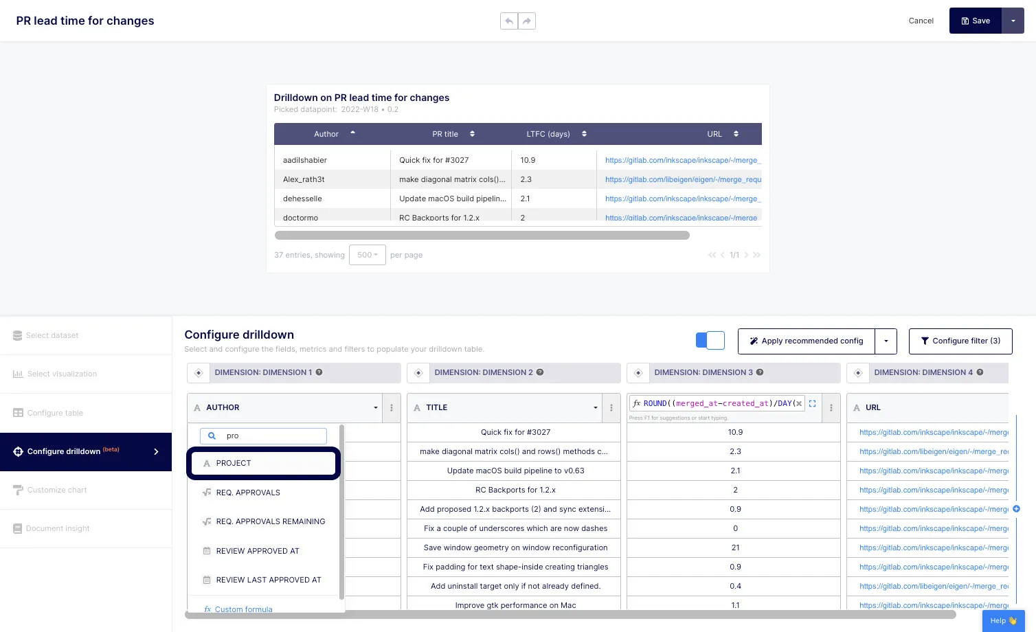 Type or select the field (or custom formula) you want to explore when clicking on the drill-down. Here, we select "PROJECT"