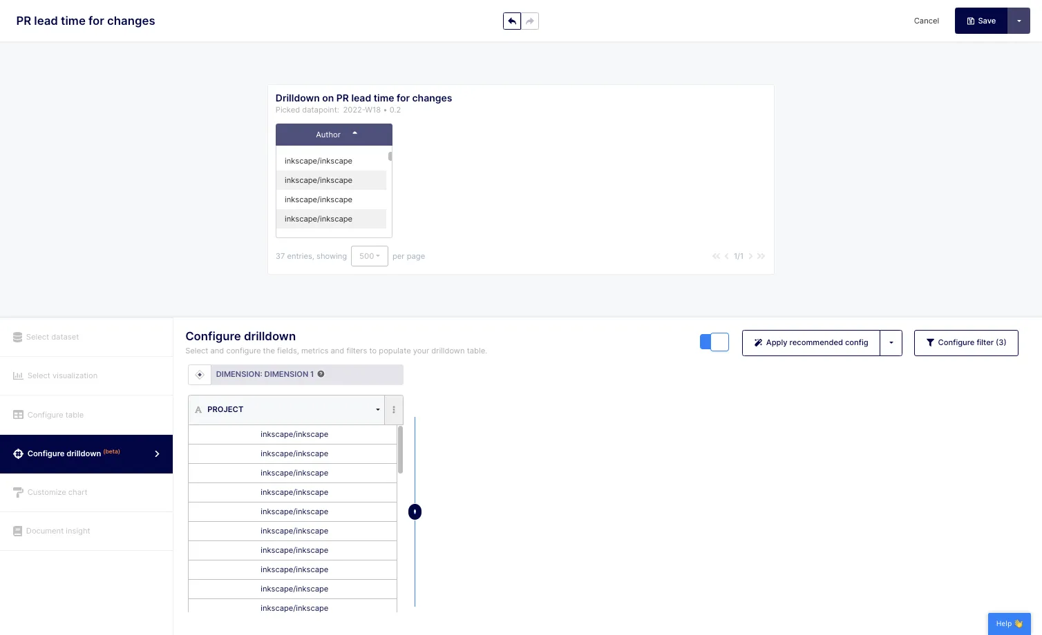 To add a column (metric or dimension), click on the + button located at the right of the column.