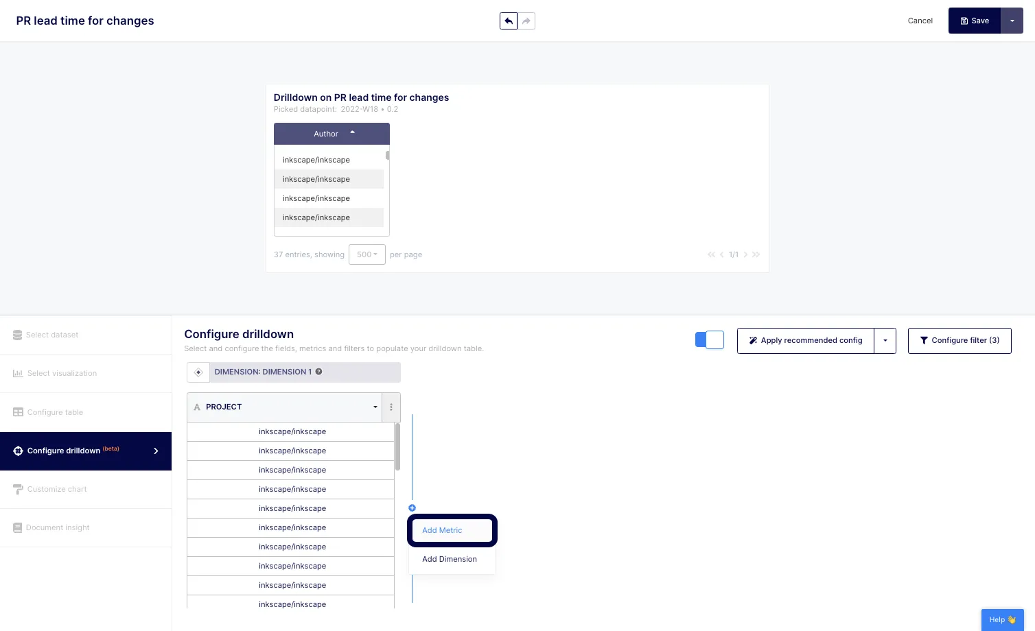 Then select "Add Metric" or "Add Dimension". For this example, we'll select the "Add metric" one.