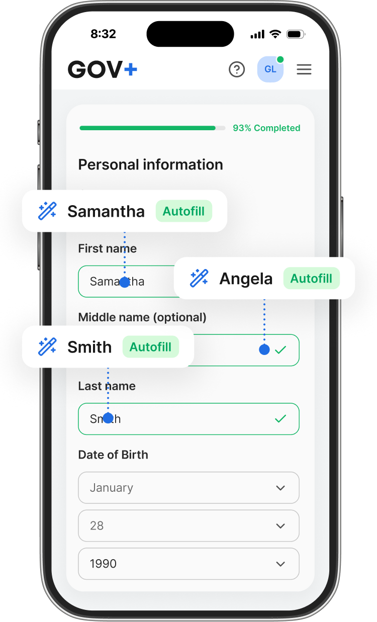GOV+ app on an iPhone showing a Personal Information form at 93% completion. Three Smart Autofill chips — "Samantha", "Angela", and "Smith" — float above the first name, middle name, and last name fields with dashed lines connecting each chip to its corres