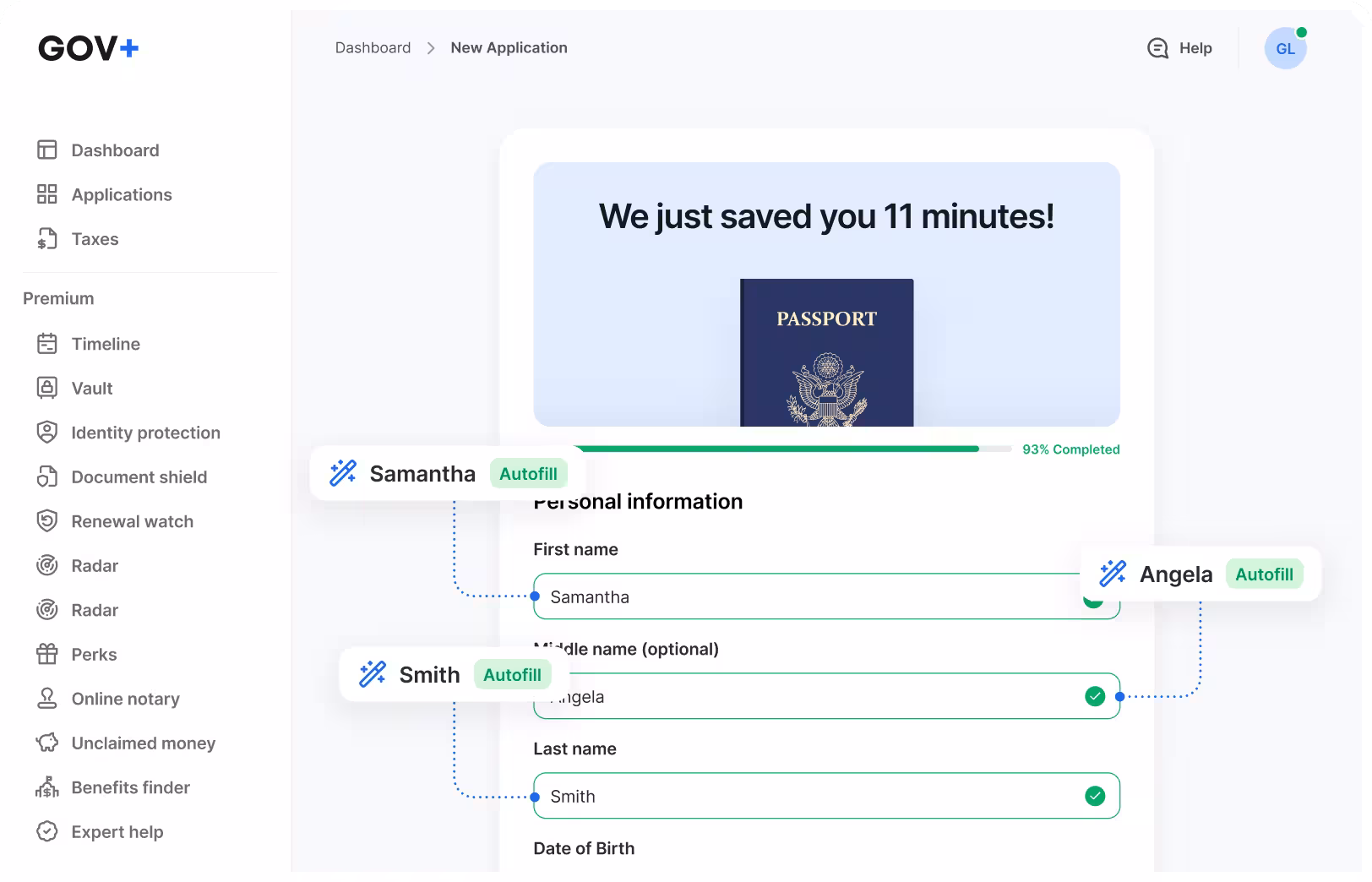 GOV+ desktop dashboard showing a "New Application" form at 93% completion. A success banner reads "We just saved you 11 minutes!" above a US passport illustration. Three Smart Autofill suggestion chips — "Samantha", "Angela", and "Smith" — hover over the P