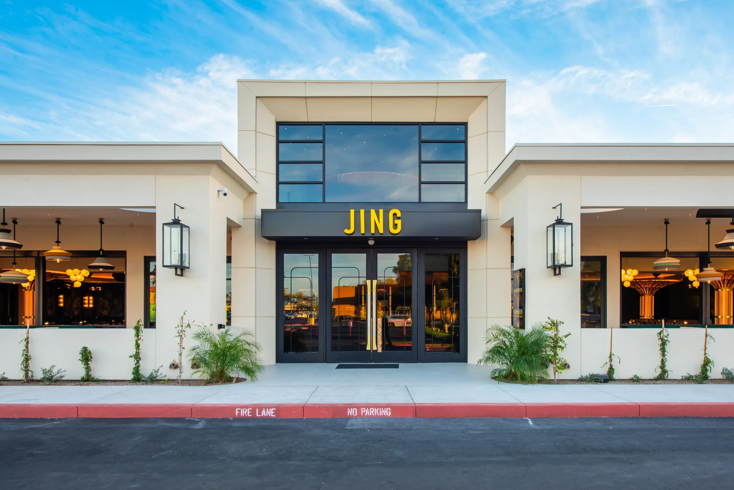 Jing Scottsdale entrance with signage in daylight