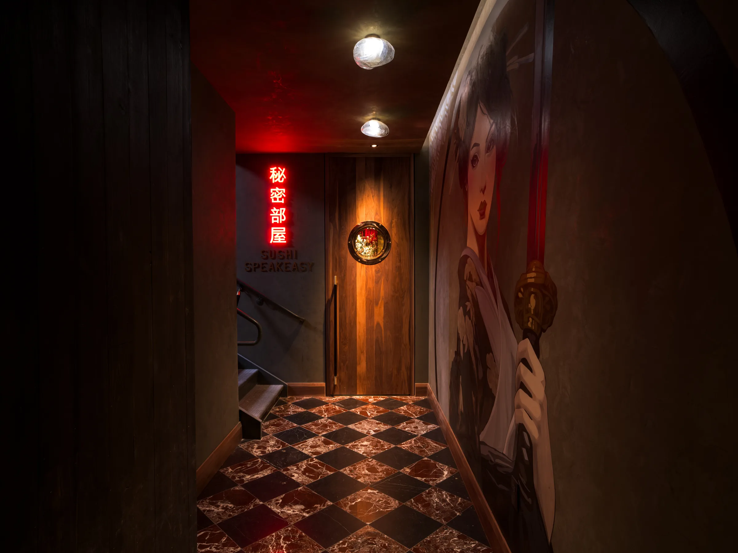 Nomikai speakeasy entrance corridor with neon sign and mural