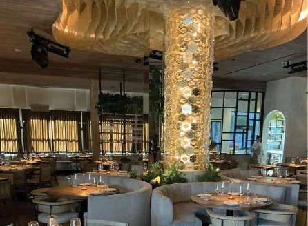 Crystal chandelier above the seating at The Guest House
